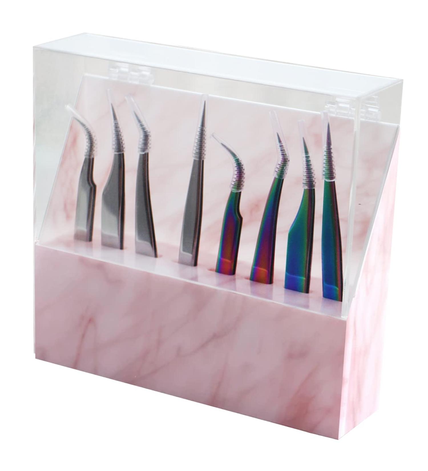 Dust-proof Acrylic Marble Eyelash Tweezers Holder with Cover - Pink | Lash Cart Organizer - Buy Online on GoSupps.com