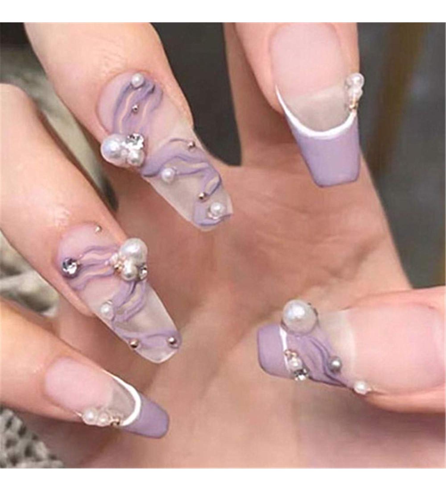 BloomingBoom False Nail Coffin 24 Pcs 12 Size Fake Nails Full Cover Long Fake Nail Faux Ongle Press on Salon Pre Design Ballerina French Style Smile Purple White Pearl - Buy Online on GoSupps.com