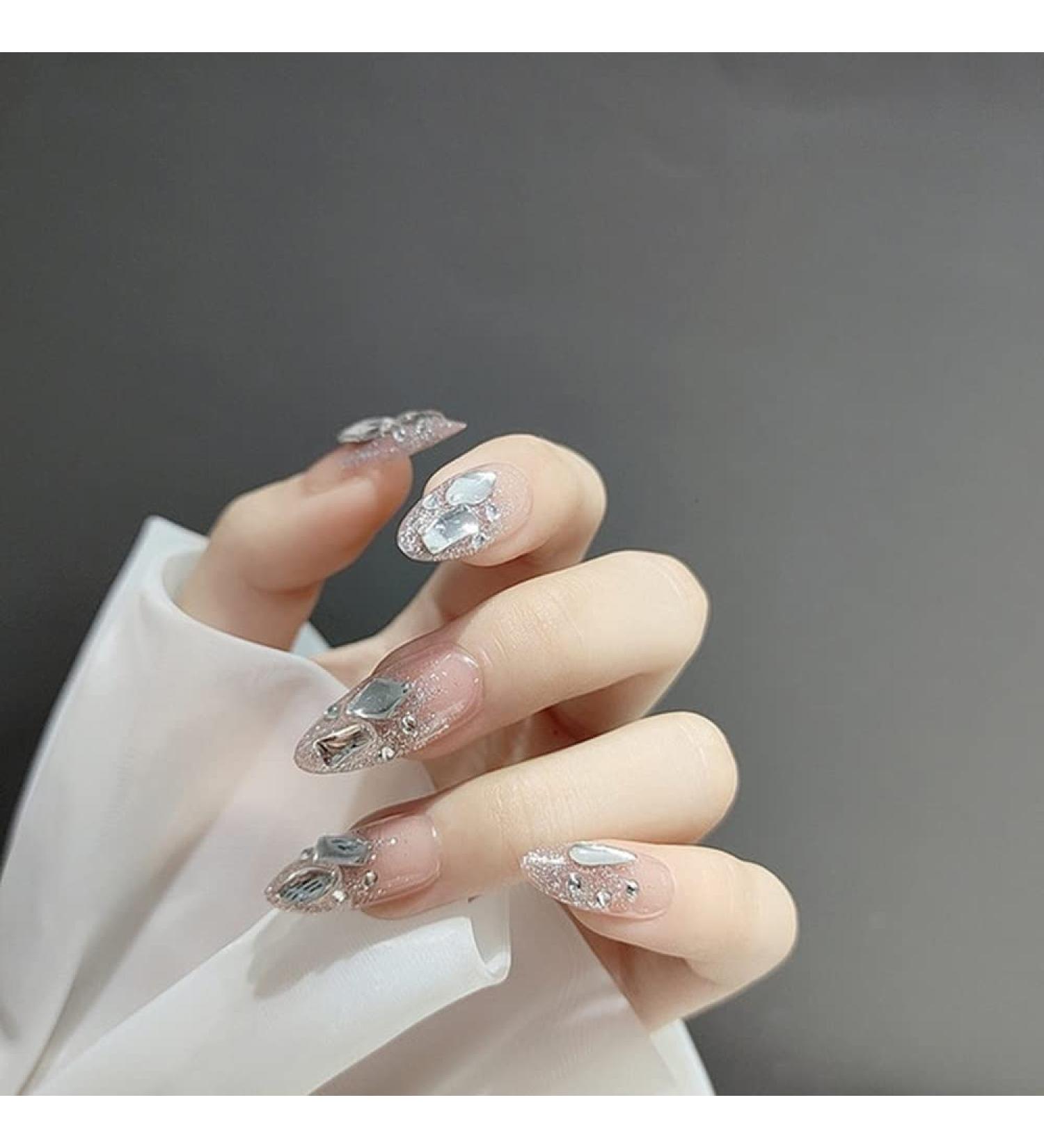 HJKOGH 24pcs Rhinestone Design Fake Nails Shiny Bridal Women Lady Party Nail DIY Decorations Press On Nail Tips False Nail Patch (Color : H)