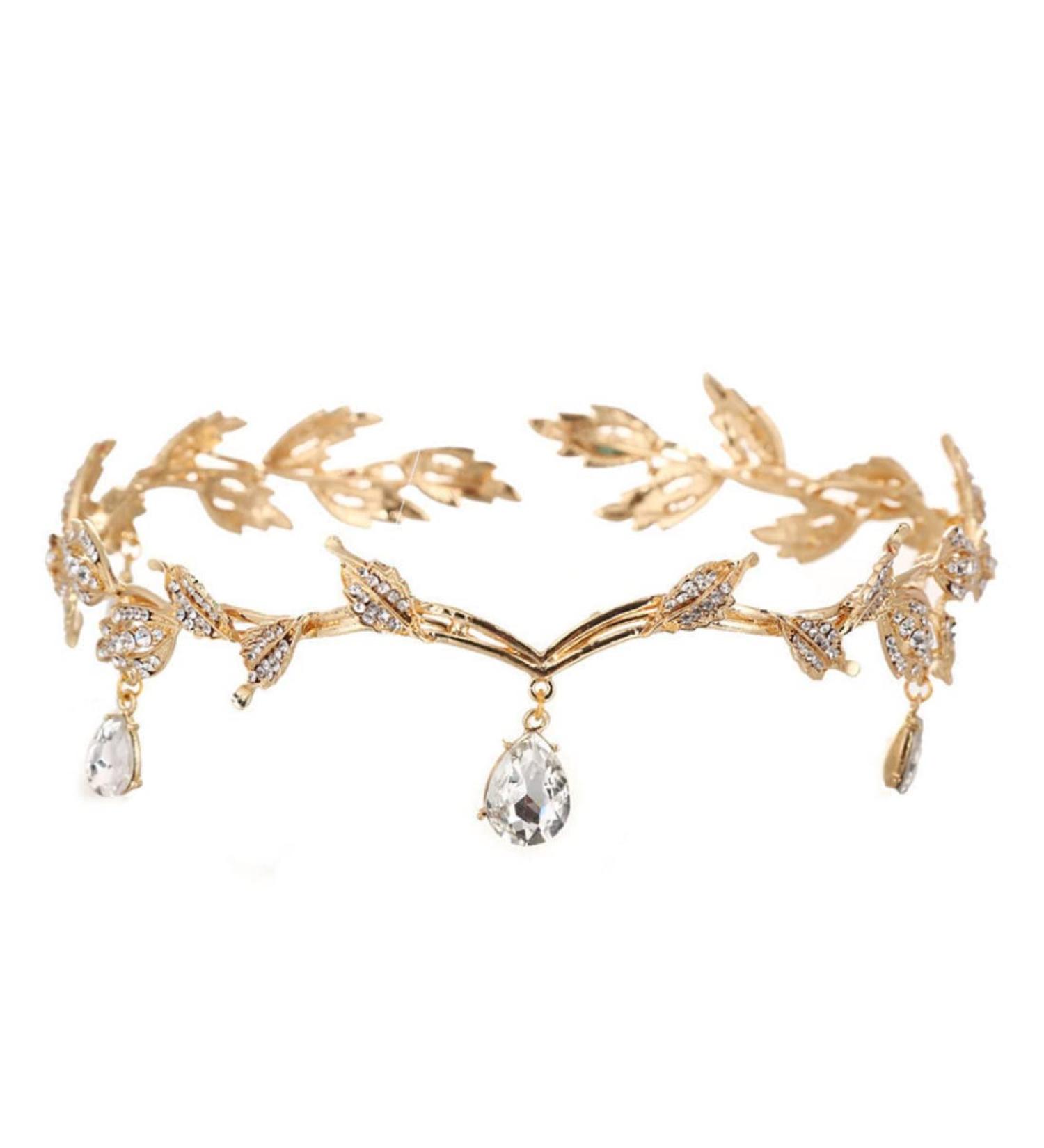 Wedding Headband Rhinestone Leaf Headband Golden Wedding Head Chain with Teardrop Crystal Leaf Hair Vine - Buy Online on GoSupps.com