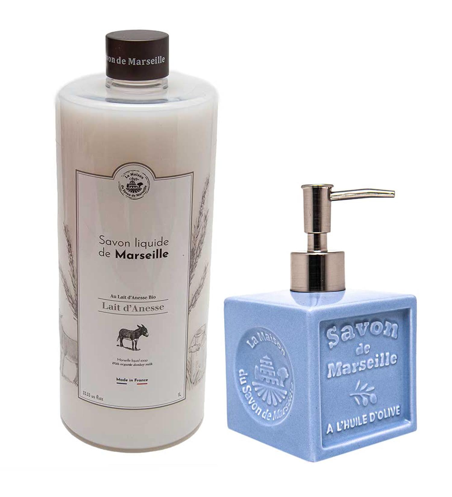 Maison Du Savon The Marseille liquid soap for assels with blue ceramic supper compliance packaging 1 liters and dispensing 300 ml - Buy Online on GoSupps.com