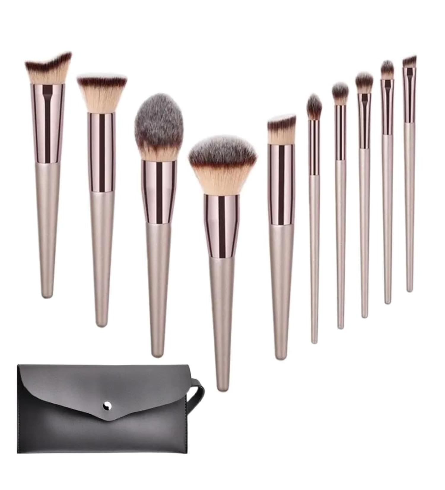 Makeup Brush Set with Blush Contour Foundation Flat Angled Blending Definer & Concealer Make up Brushes - Synthetic Bristles Champagne Gold Pouch Included - Professional & Vegan-Friendly - Buy Online on GoSupps.com