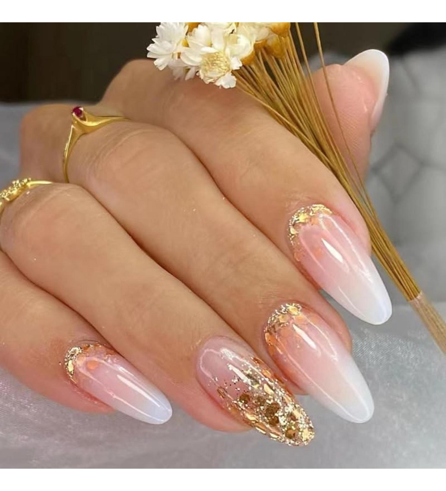 24pcs French False Nails Short - Almond Square Press on Nails - Full Cover Acrylic False Nails With Glue - French Fake Nails Stick on Nails for Women and Girls Nail Art (Flash Gold Pink Gradient)