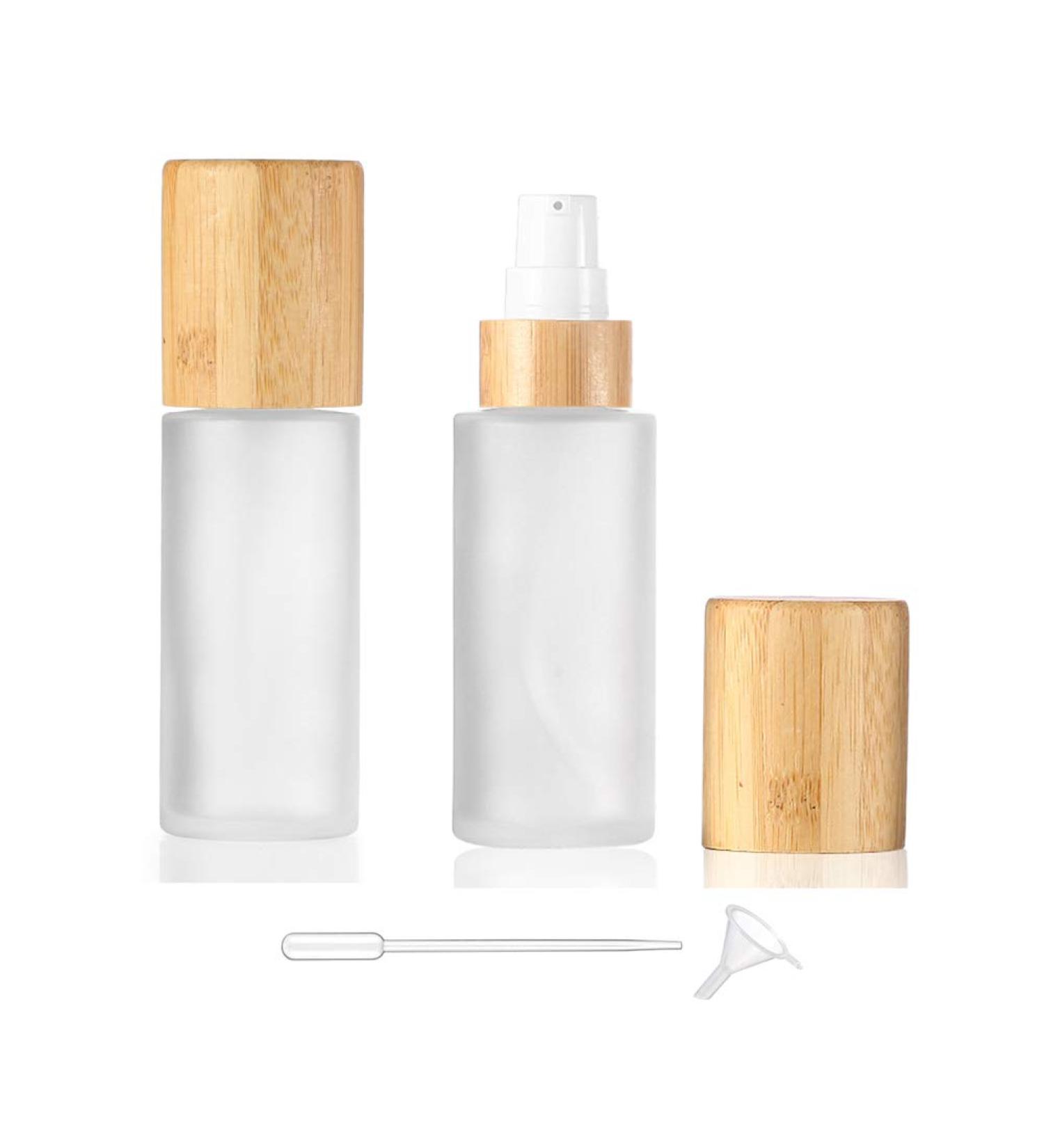 Military Glass Letters Bottle Set - 2 Premium 50ml Cosmetics Cream Bottles with Bamboo Lid - Travel Spray & Pump Dispenser for Essential Oils & Emulsions - Buy Online on GoSupps.com
