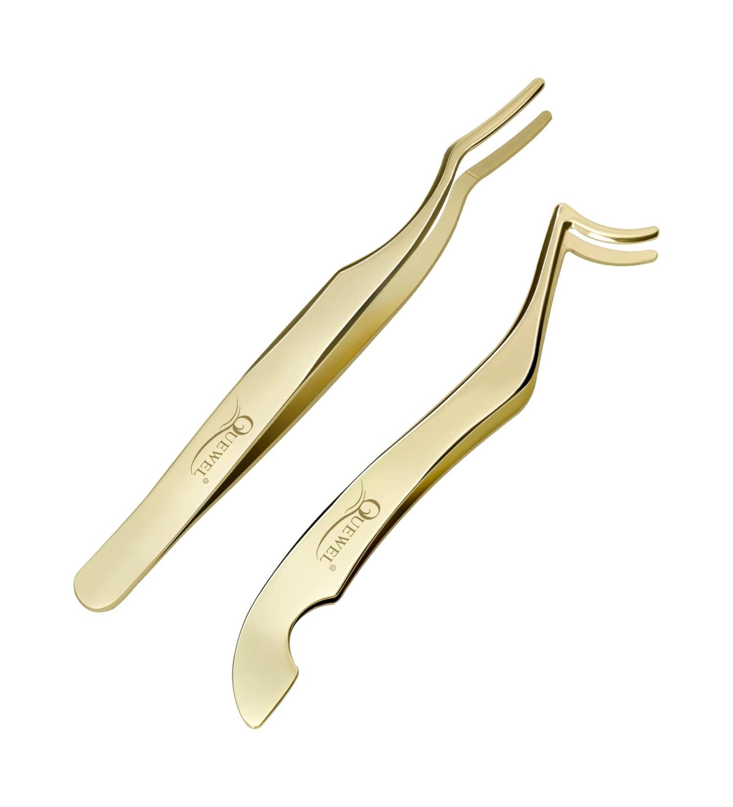 QUEWEL Eyelash Applicator Tool - 2 Stainless Steel Cluster Tweezers for Individual Eyelashes | DIY Curved Eyelash Tweezers | Golden Eyelash Applicator for Perfect Lash Application - Buy Online on GoSupps.com