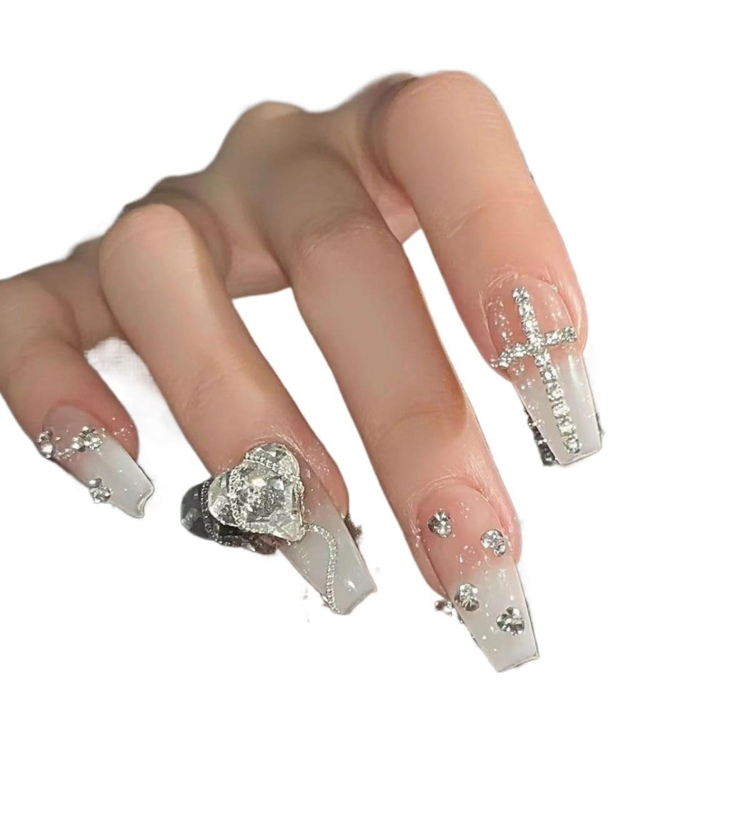 Temperament manicure hand-made nail patch milky white gradient chain finished product can be disassembled and repeated.(S) - Buy Online on GoSupps.com