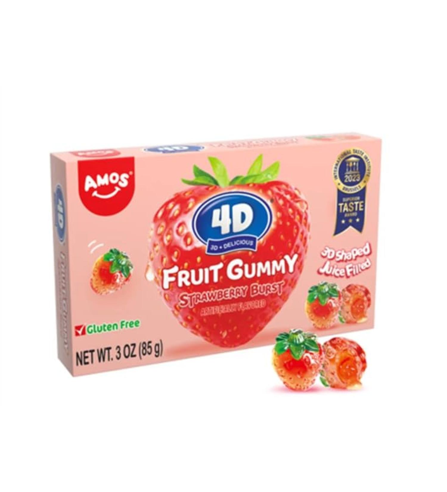Amos 4D Gummy Candy Strawberry Burst Strawberry Flavour Gluten Free Snacks Mother's Day Candy Gift Shareable 3oz Theater Box 85g Pack