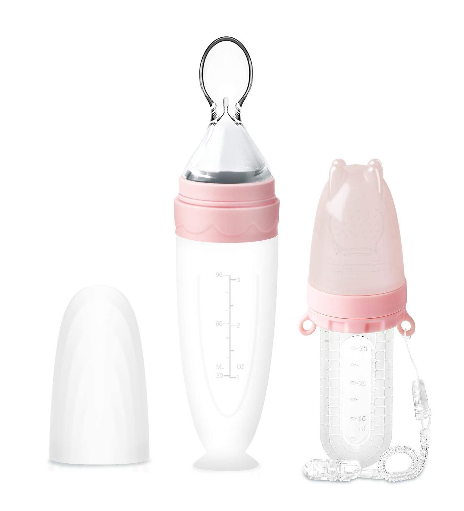 Termichy Baby Weaning Spoons Set + Silicone Pacifier and Fruit Feeder | Infant Feeding Spoon for Teething Baby | Baby Food Dispensing Spoon | 90ML+30ML | Pink - Buy Online on GoSupps.com