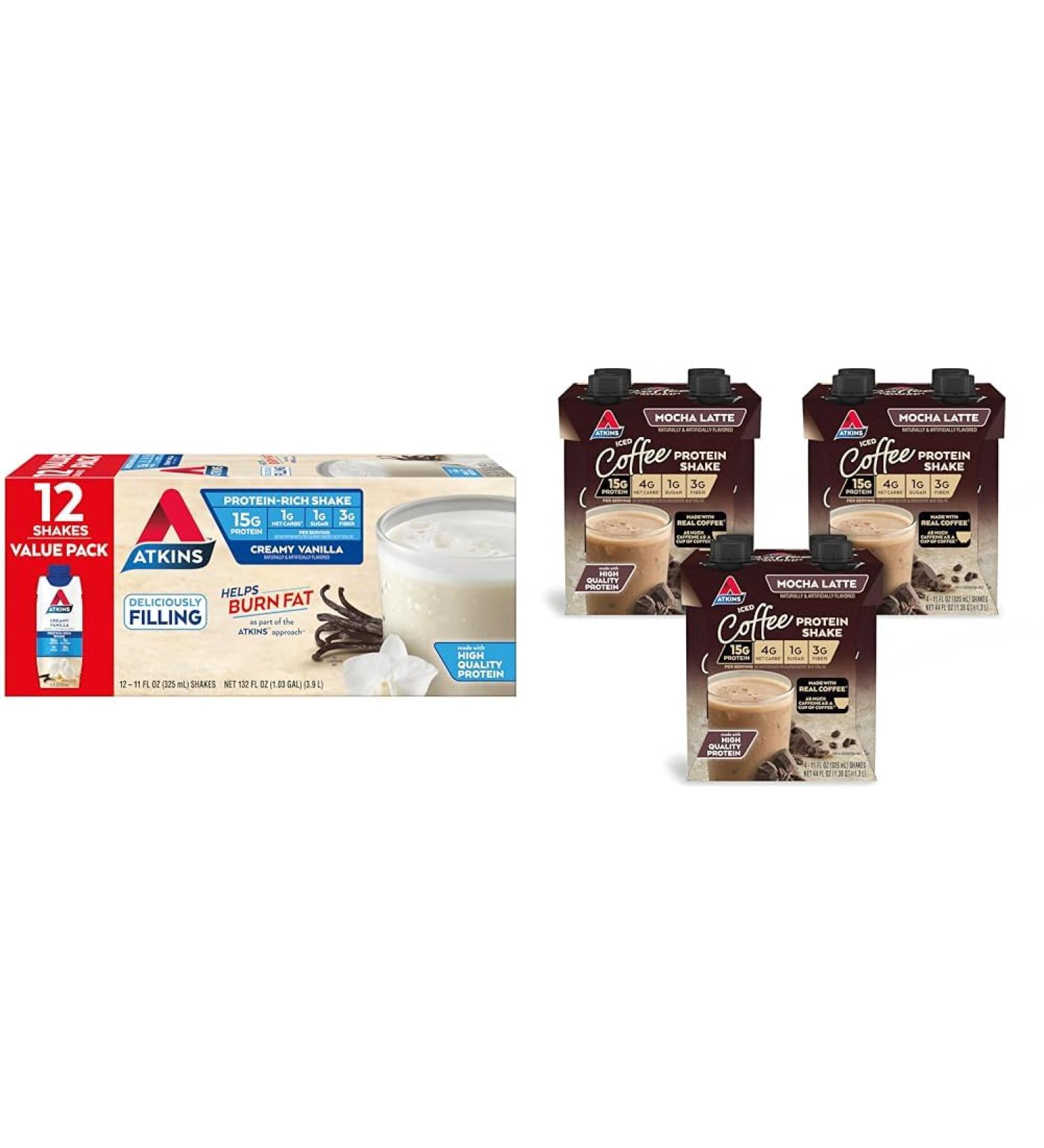 Atkins Creamy Vanilla Protein Shake 15g Protein Low Glycemic 2g Net Carb 1g Sugar Keto Friendly 12 Count & Mocha Latte Iced Coffee Protein Shake 15g Protein Low Glycemic 4g Net Carb 1g Sugar - Buy Online on GoSupps.com