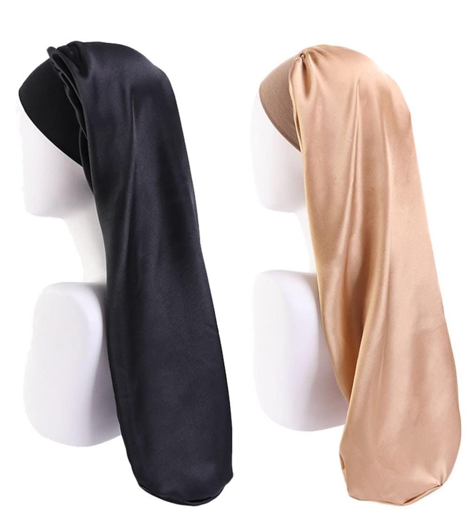 Ladaypoa Long Satin Sleeping Cap - 2 Large Sleeping Hats for Women | Extra Large Soft Satin Sleep Caps for Long Braids | Comfortable Black & Gold with Wide Elastic Ribbon - Buy Online on GoSupps.com