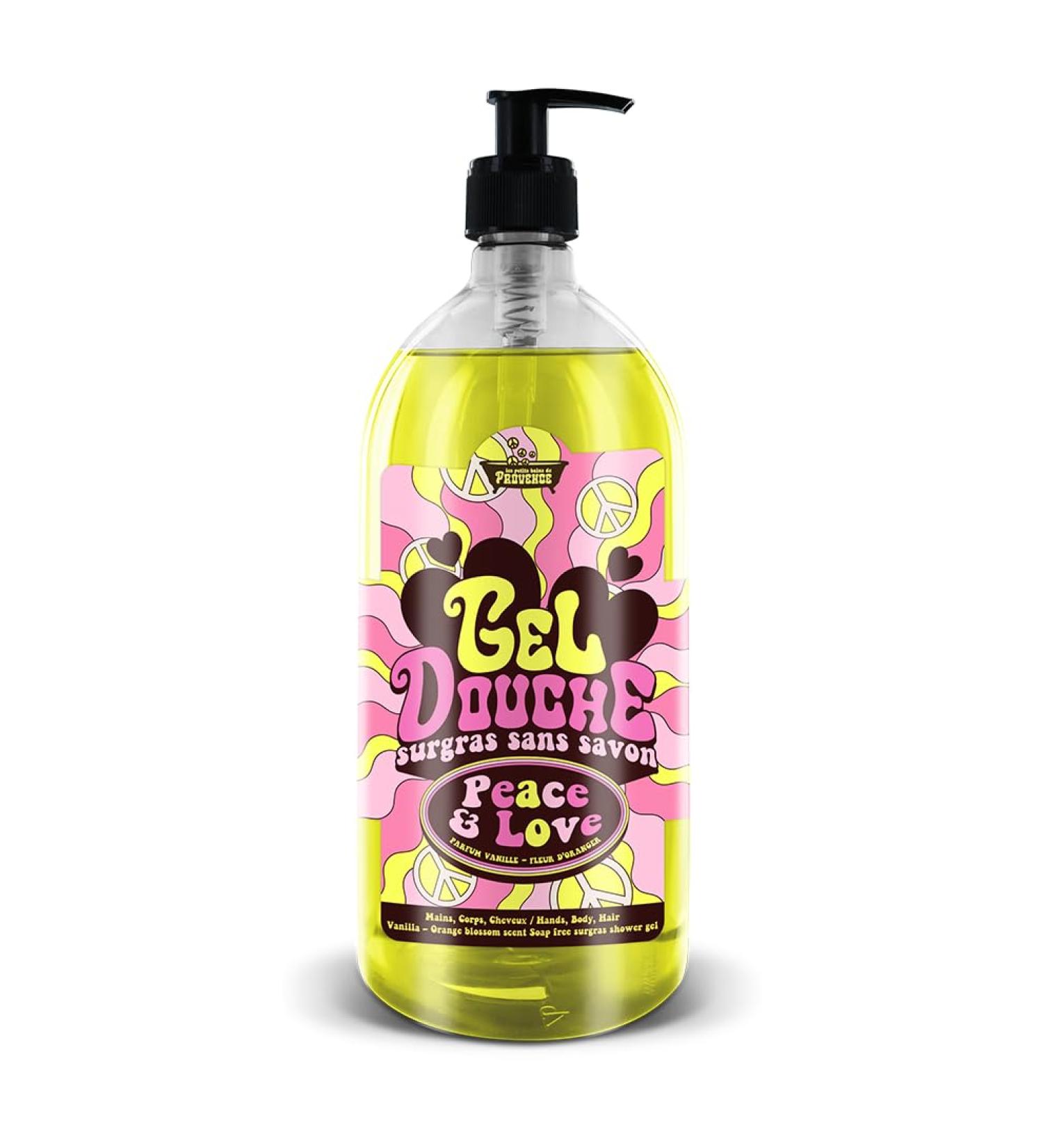 LES PETITS BAINS DE Provence Peace and Love Soap Free Shower Gel - 1L Les Petits Bains de Provence Vanilla and Orange Blossom Scent HAPPY Limited Series Hydration pH Neutral