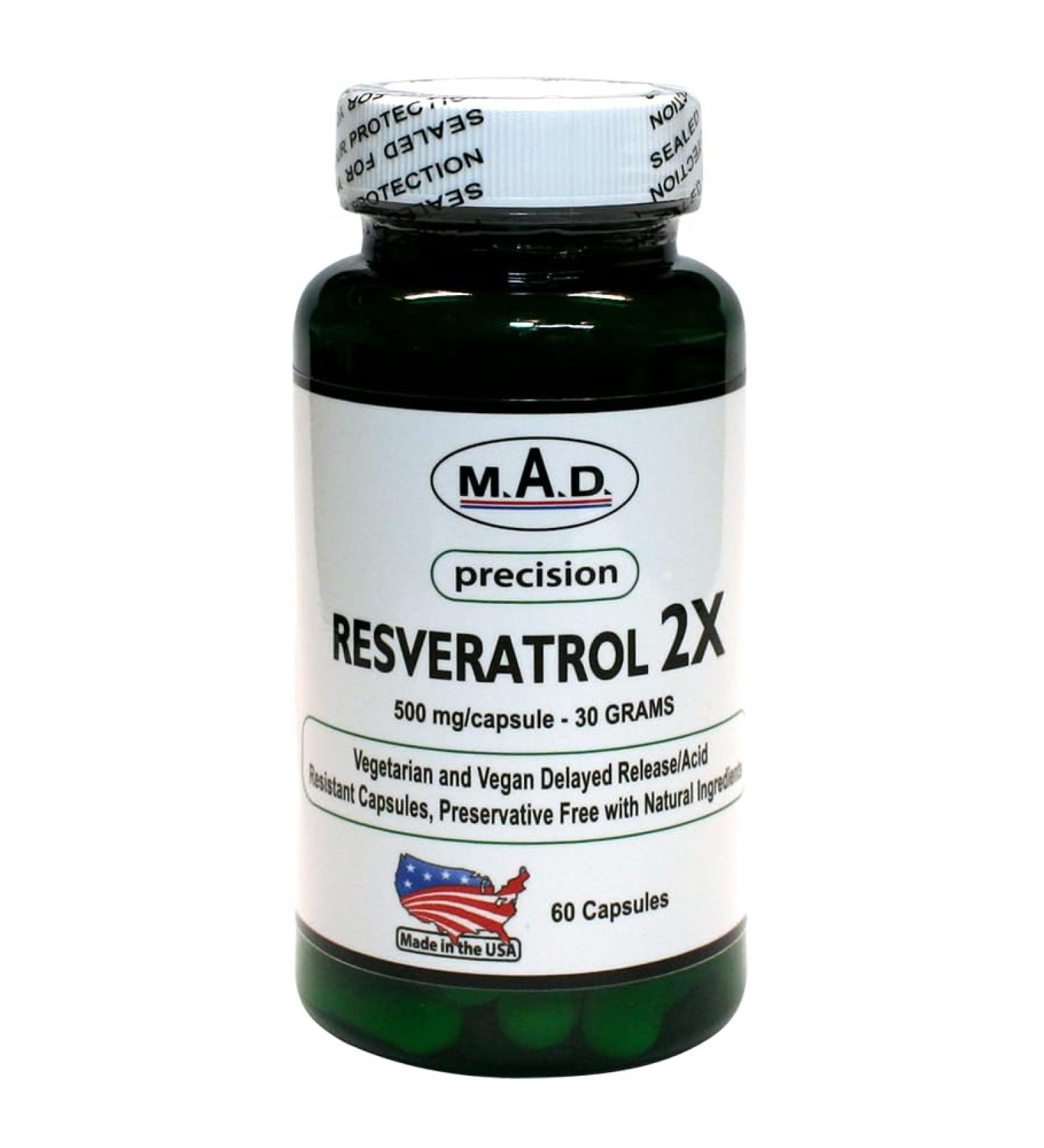 M.A.D. Precision Resveratrol 2x 500mg - 60 Vegan Capsules | Vegetarian Delayed Release Natural & Preservative Free - Buy Online on GoSupps.com