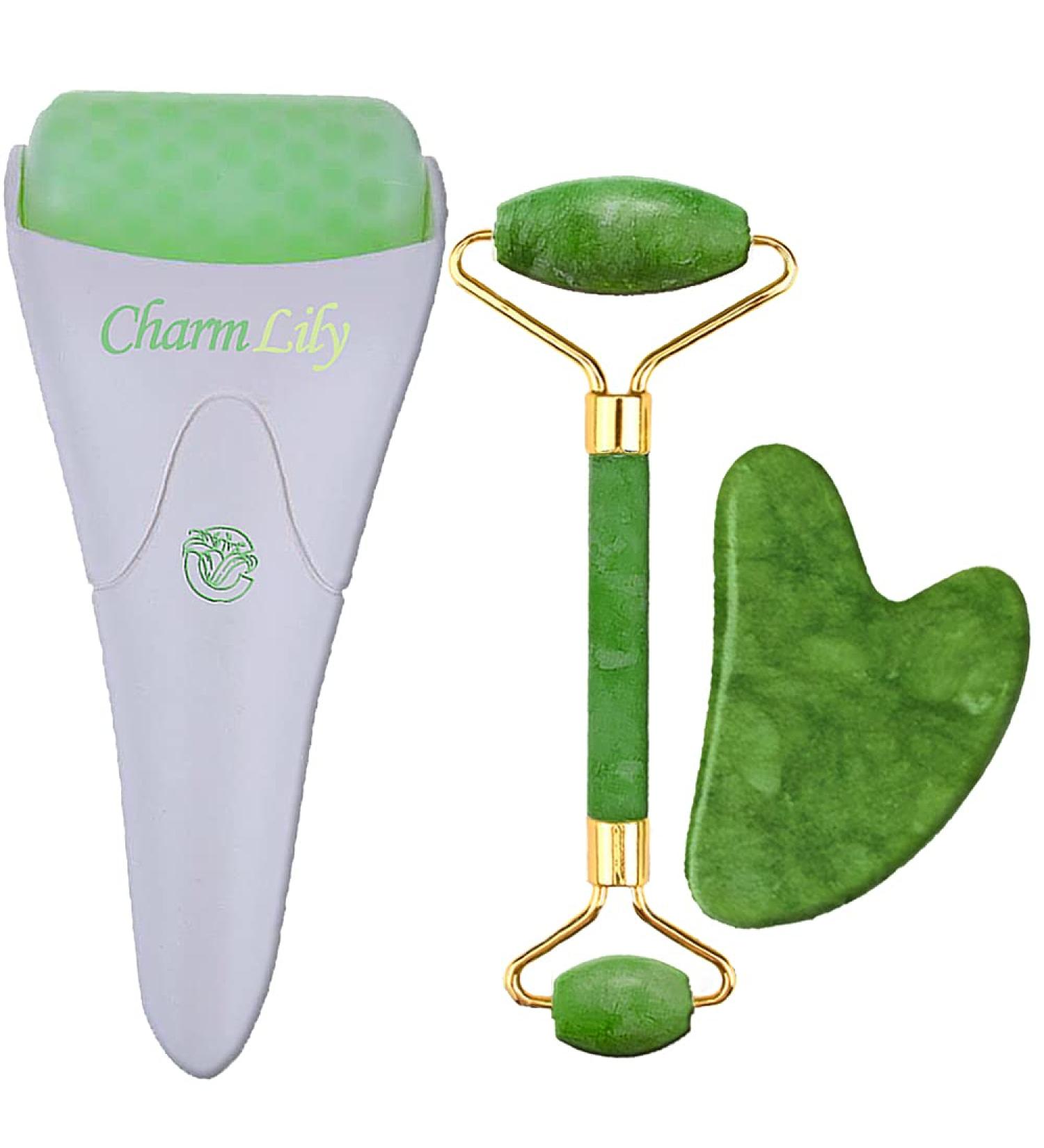 Charmlily Jade & Ice Roller + Gua Sha Massager Tool Set for Face & Eyes - Reduce Wrinkles, Puffiness, and Migraine Pain Relief - 3 in 1 Cold Facial Stone - Buy Online on GoSupps.com