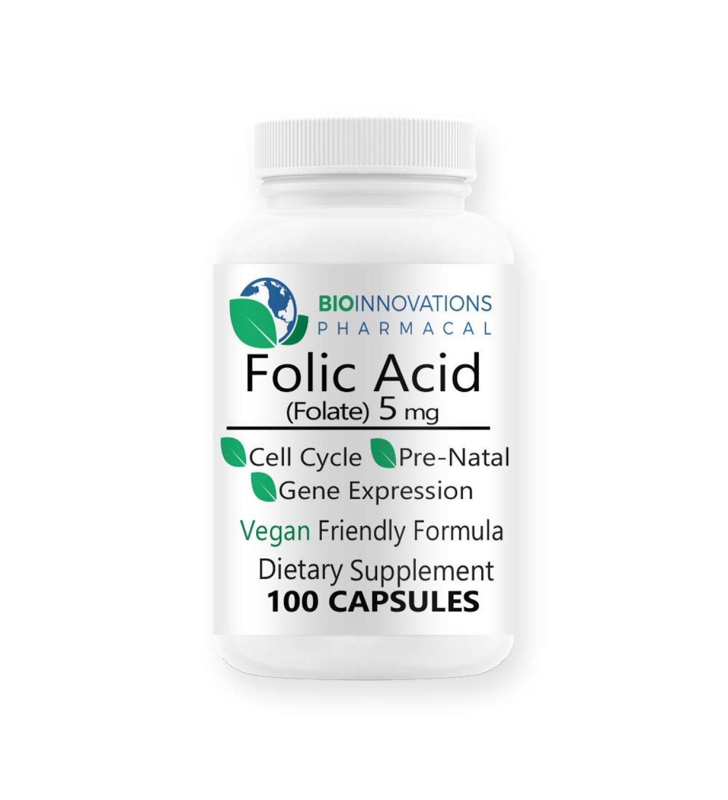 Folic Acid 5mg (Vitamin B9 Folate) - 100 Vegan Capsules by Bio-Innovations Pharmacal - Buy Online on GoSupps.com