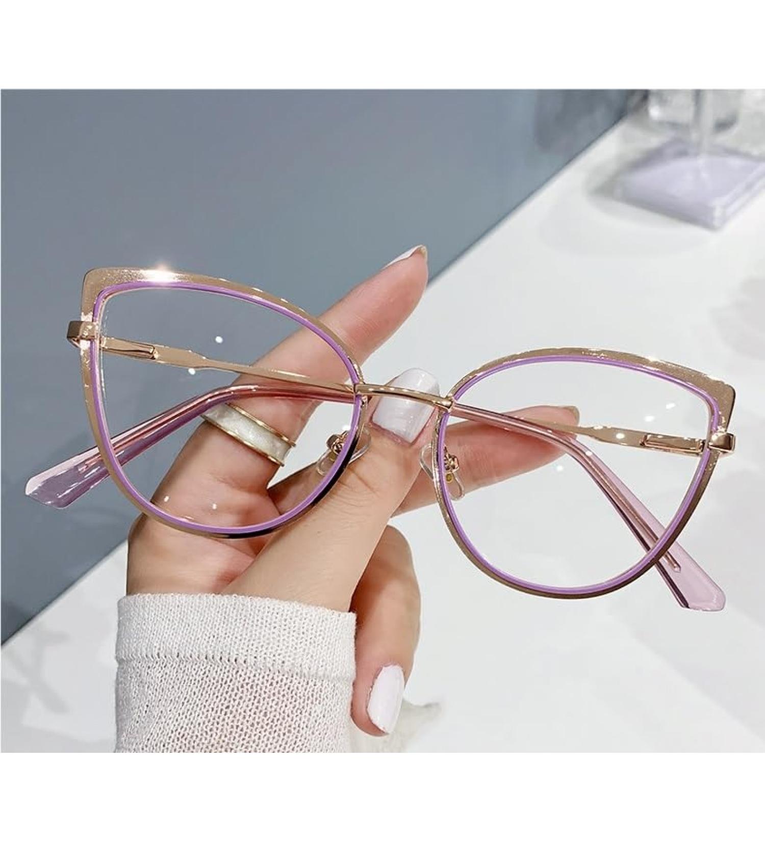 Cat-Eye Blue Light Blocking Reading Glasses - Anti Eye Strain Large Size Purple-Golden +0.00 - Buy Online on GoSupps.com