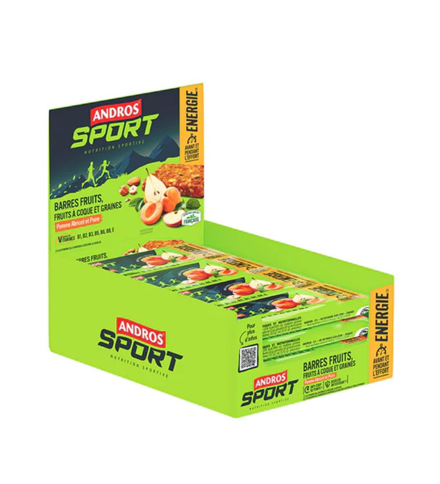 Andros Sport | Barres nerg tiques (16x40g) | Barres nerg tiques | Riche en fruits et source de vitamines - Pomme Poire Abricot
