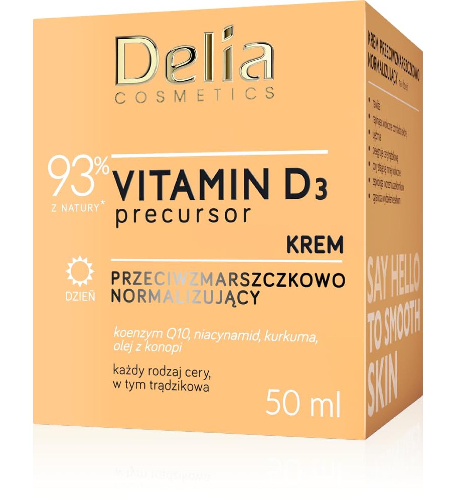 Delia Cosmetics Vitamin D3 Precursor - Anti-Wrinkle Normalising Day Cream All Skin Types - Acne Skin - Hydrating Firming Reducing Sebum Co-Enzyme Q10 Niacinamide Tumeric Hemp Oil 50ml - Buy Online on GoSupps.com