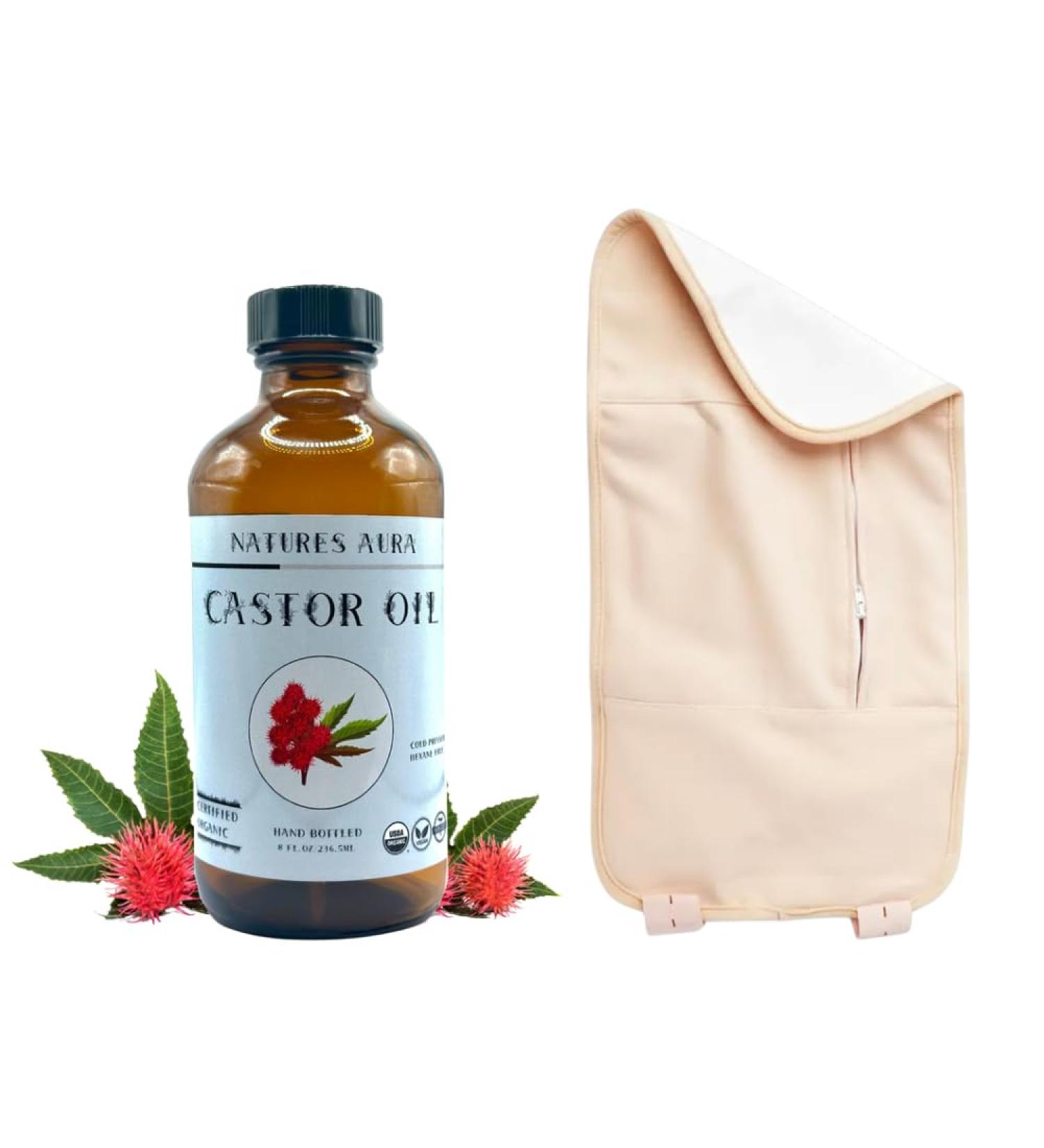 Natures Aura Organic Castor Oil & Pack Kit | Cold Pressed Hexane Free USDA Approved | 8 Oz Glass | Free Mascara Wands - Buy Online on GoSupps.com