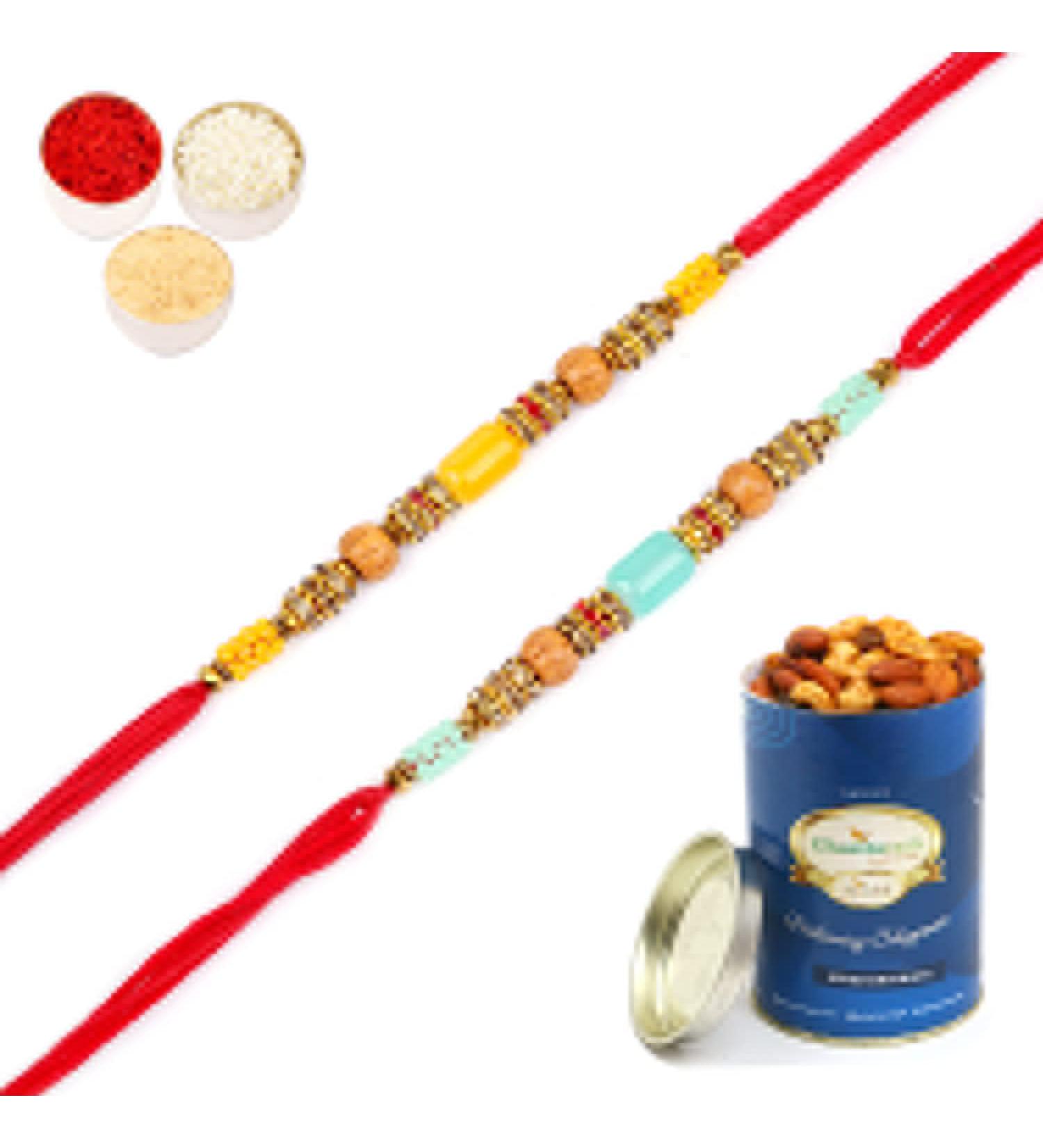 Ghasitaram Gifts Rakhi for Brother Rakhis Online - Set of 2-6512 Rakhis with 100 GMS of Dryfruits Mix Can Rakhi Set with 100 gms of Dryfruits Mix Can - Buy Online on GoSupps.com