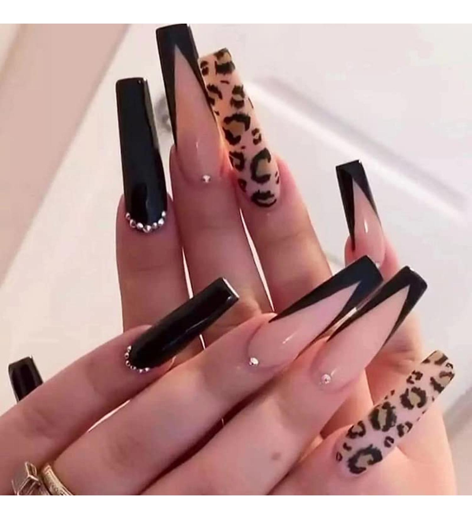 Black Leopard Extra Long Nude Coffin Press on Nails - 24PCS Luxury Acrylic Glossy False Nails for Women and Girls - Buy Online on GoSupps.com