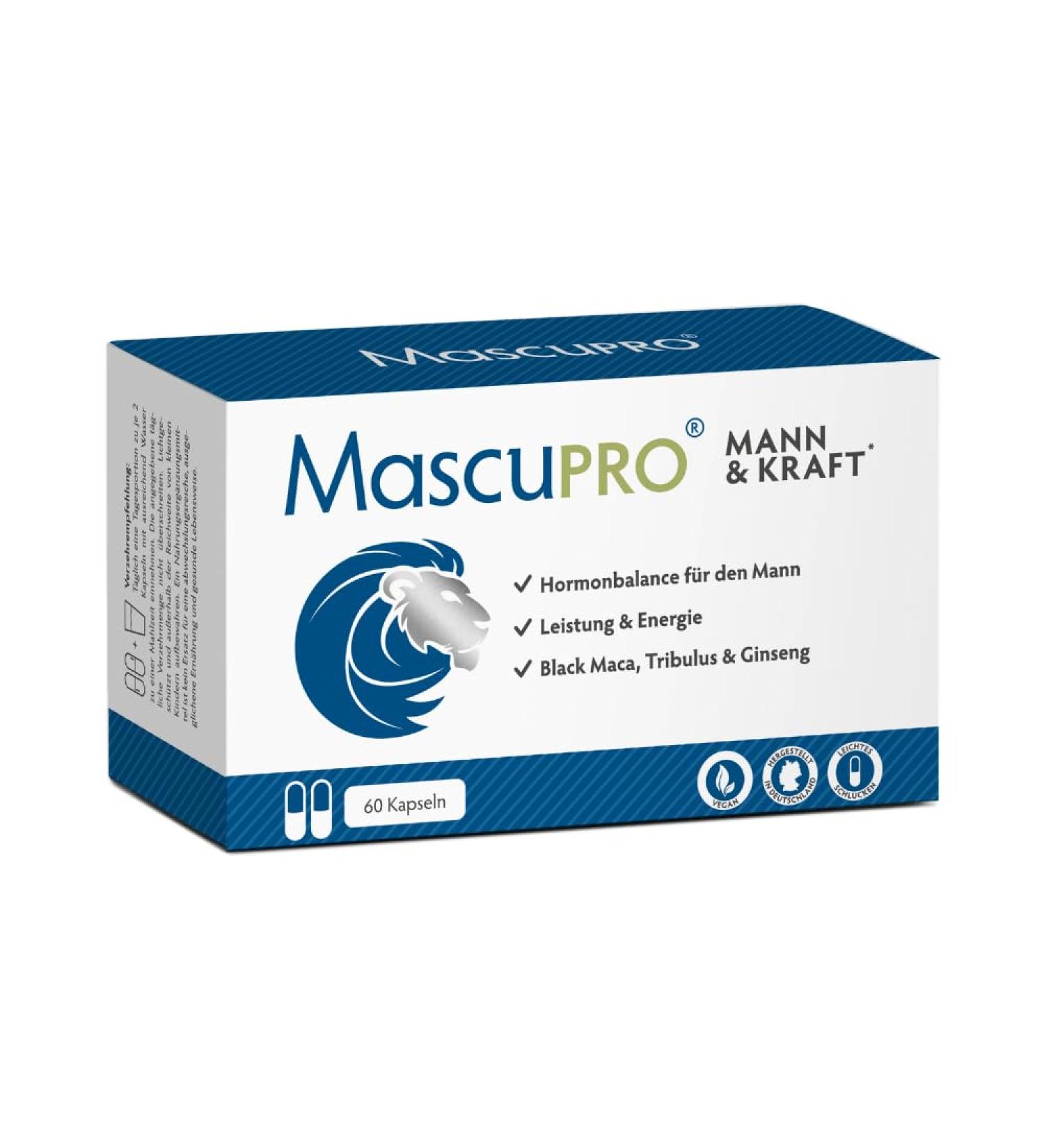 Mascupro Mann & Kraft: 20:1 Black Maca Tribulus Cordyceps & Zinc - 60 Capsules for Energy Performance & Hormone Balance | Shop Internationally - Buy Online on GoSupps.com