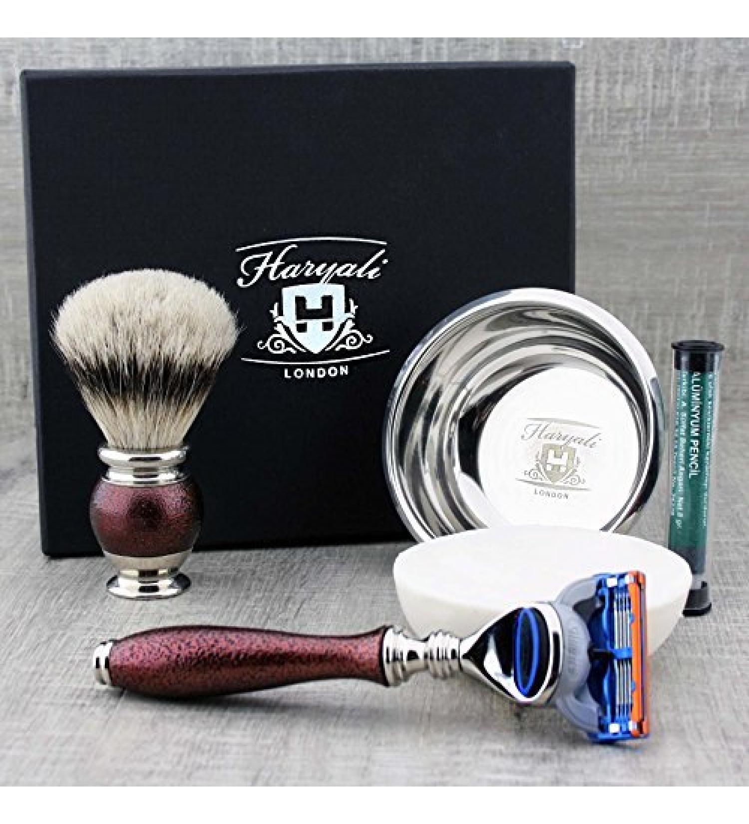 5Pc Shaving Kit - Silver Tip Badger Hair Brush Razor Stand Soap & Alum Pencil | Ideal Gift for Men - International Shipping Available - Buy Online on GoSupps.com