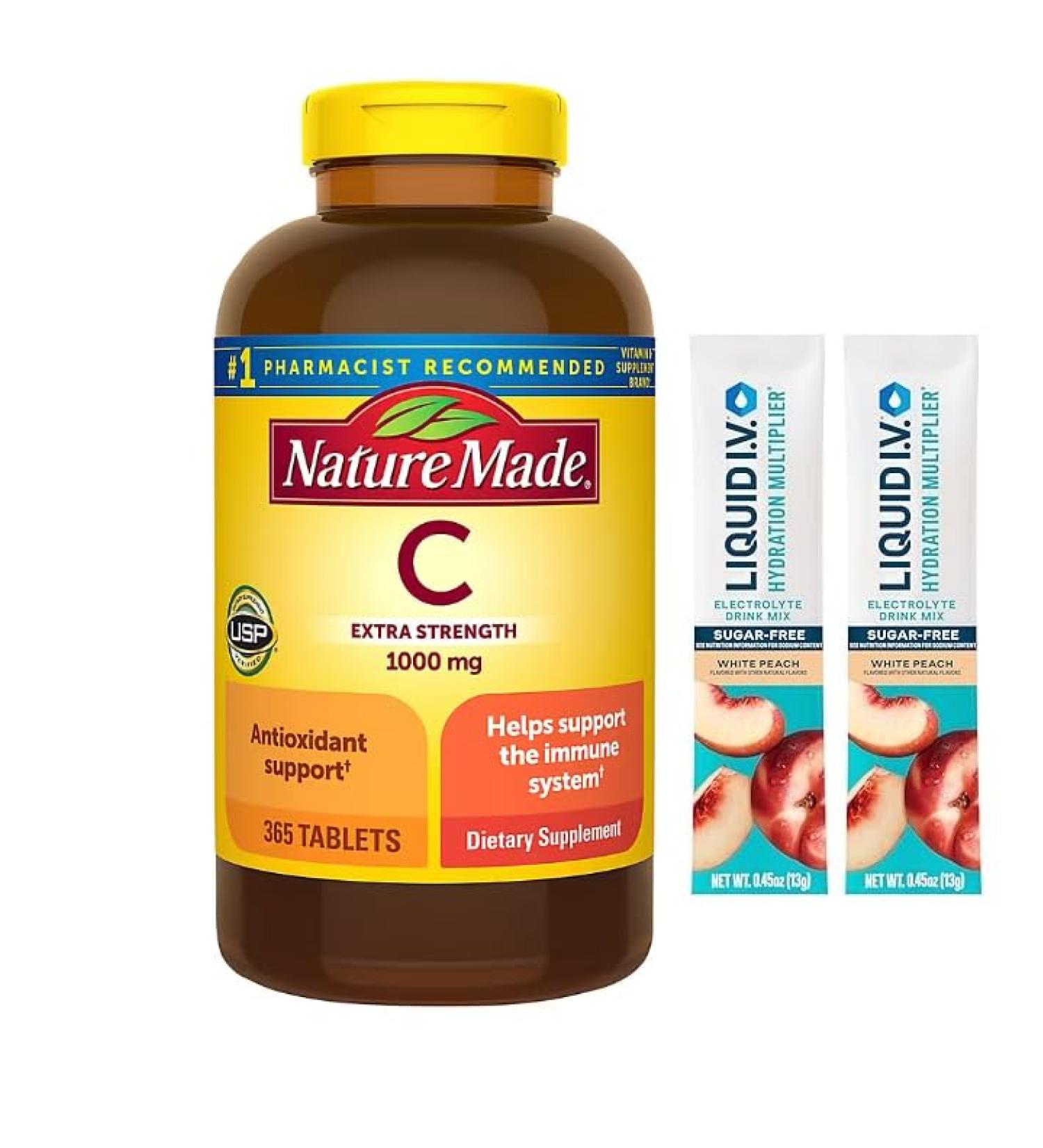Nature Made - Extra Strength Vitamin C 1000mg 365 Tablets Dietary Supplement for Immune and Hydration Support Plus 2 Sugar Free White Peach Hydration Sticks - Buy Online on GoSupps.com
