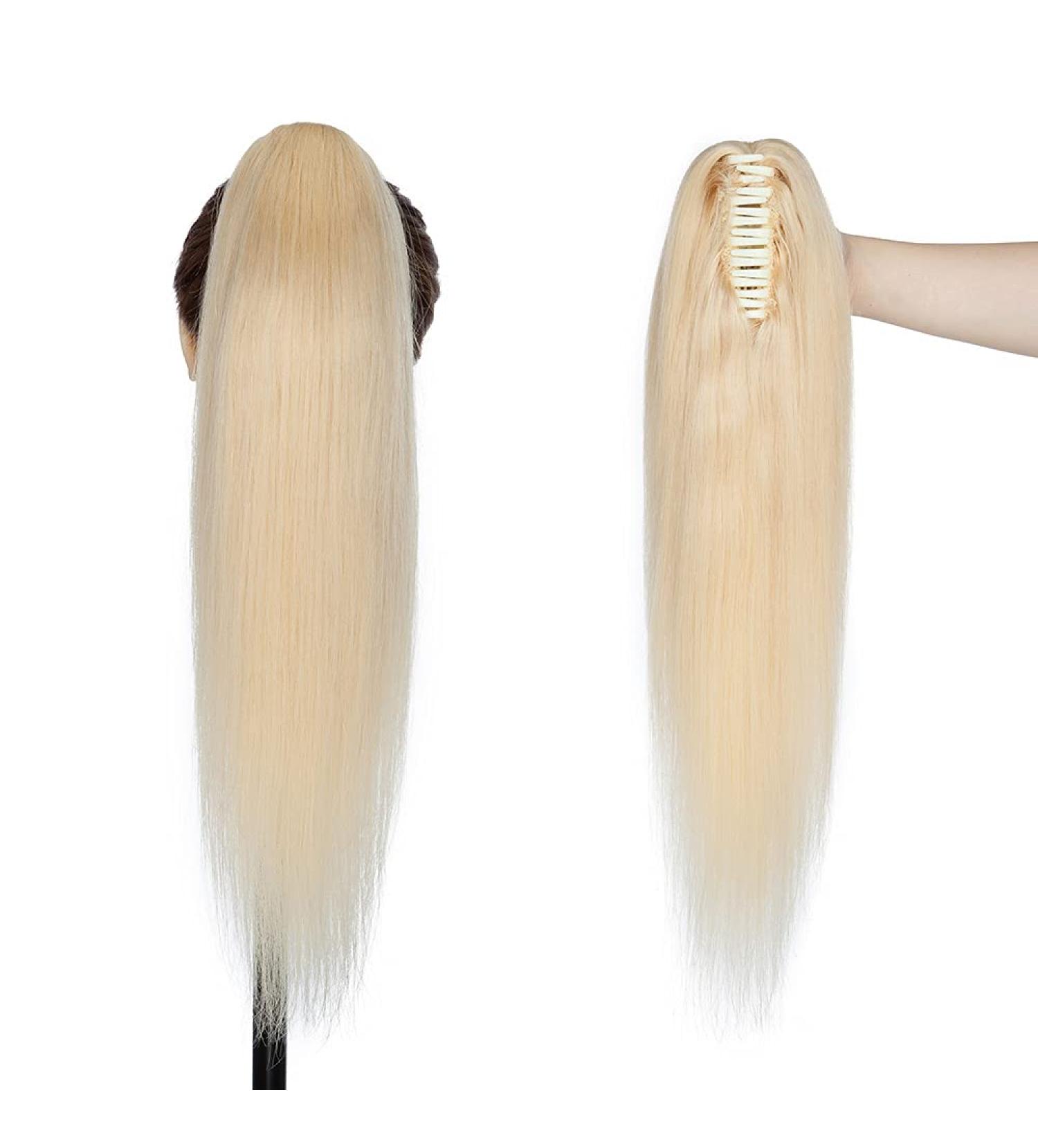 16 Inch #613 Bleach Blonde Claw Clip Ponytail Extension | 100% Remy Human Hair One Piece Jaw on Pony Tail Hairpiece - Buy Online on GoSupps.com