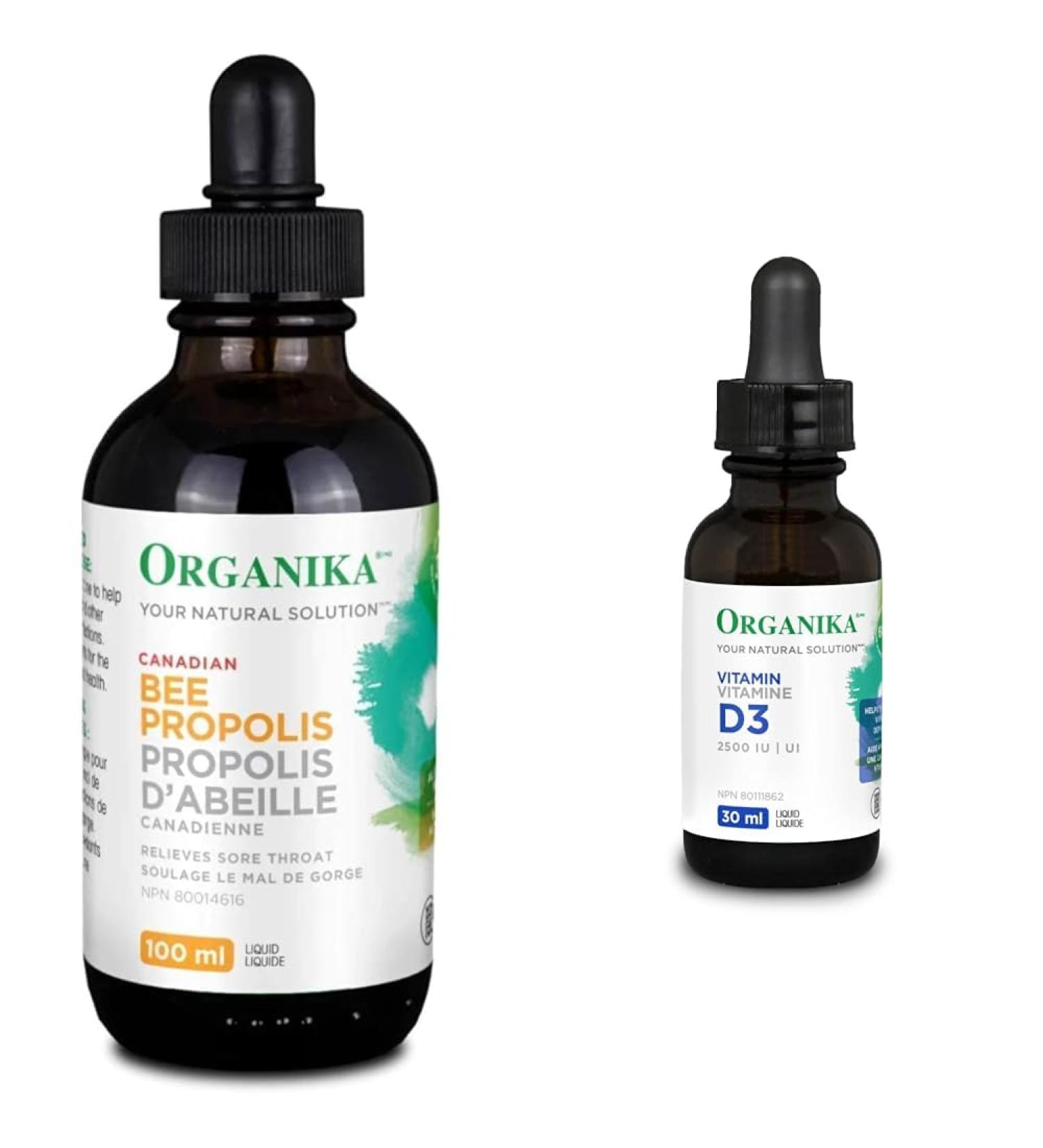 Organika Bee Propolis Liquid- Natural Immune Support Sore Throat Relief Antioxidant Alcohol-Free- 100 ml & Vitamin D3 Liquid 2500IU- Olive Oil Base Immune System Support- 30ml 100ml Immune Support + SUPPLEMENT 3964 - Buy Online on GoSupps.com