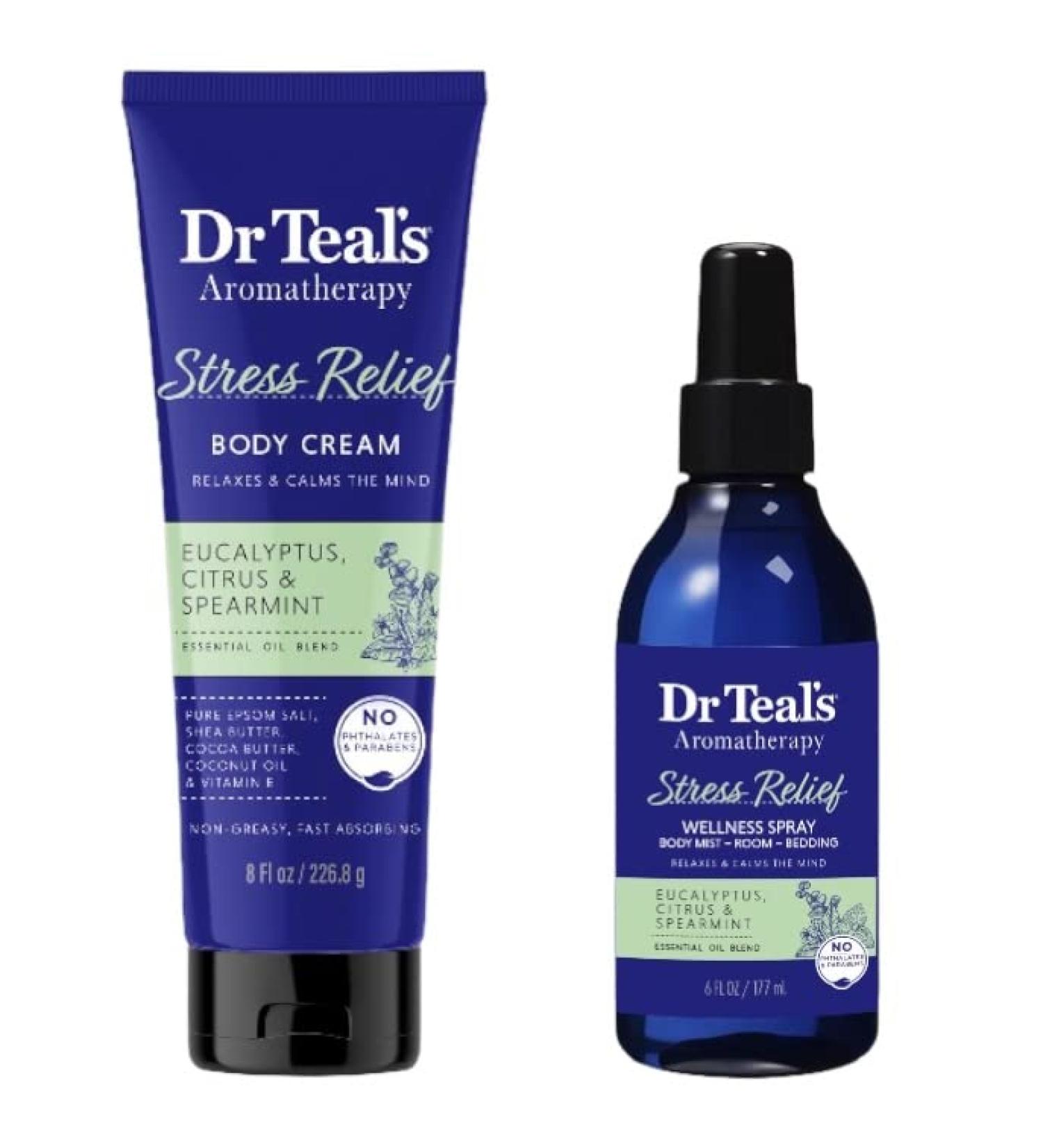 Dr Teal's Aromatherapy Stress Relief Bundle - Body Cream (8oz) & Spray (6oz) - Eucalyptus Citrus Spearmint - Buy Online on GoSupps.com
