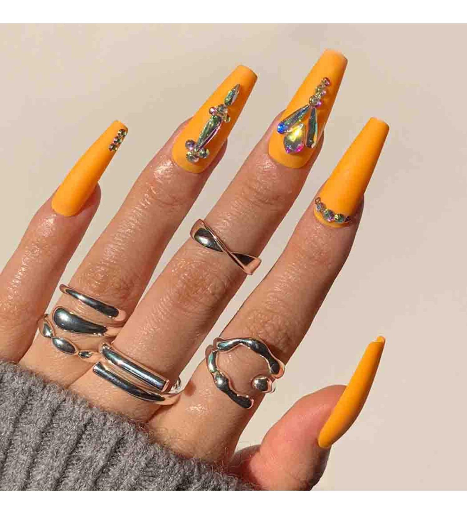Outyua 3D Rhinestone Designer Press On Nails - Yellow Shimmer Coffin Extra Long Fake Nails - 24pcs Crown Design for Women and Girls - Buy Online on GoSupps.com