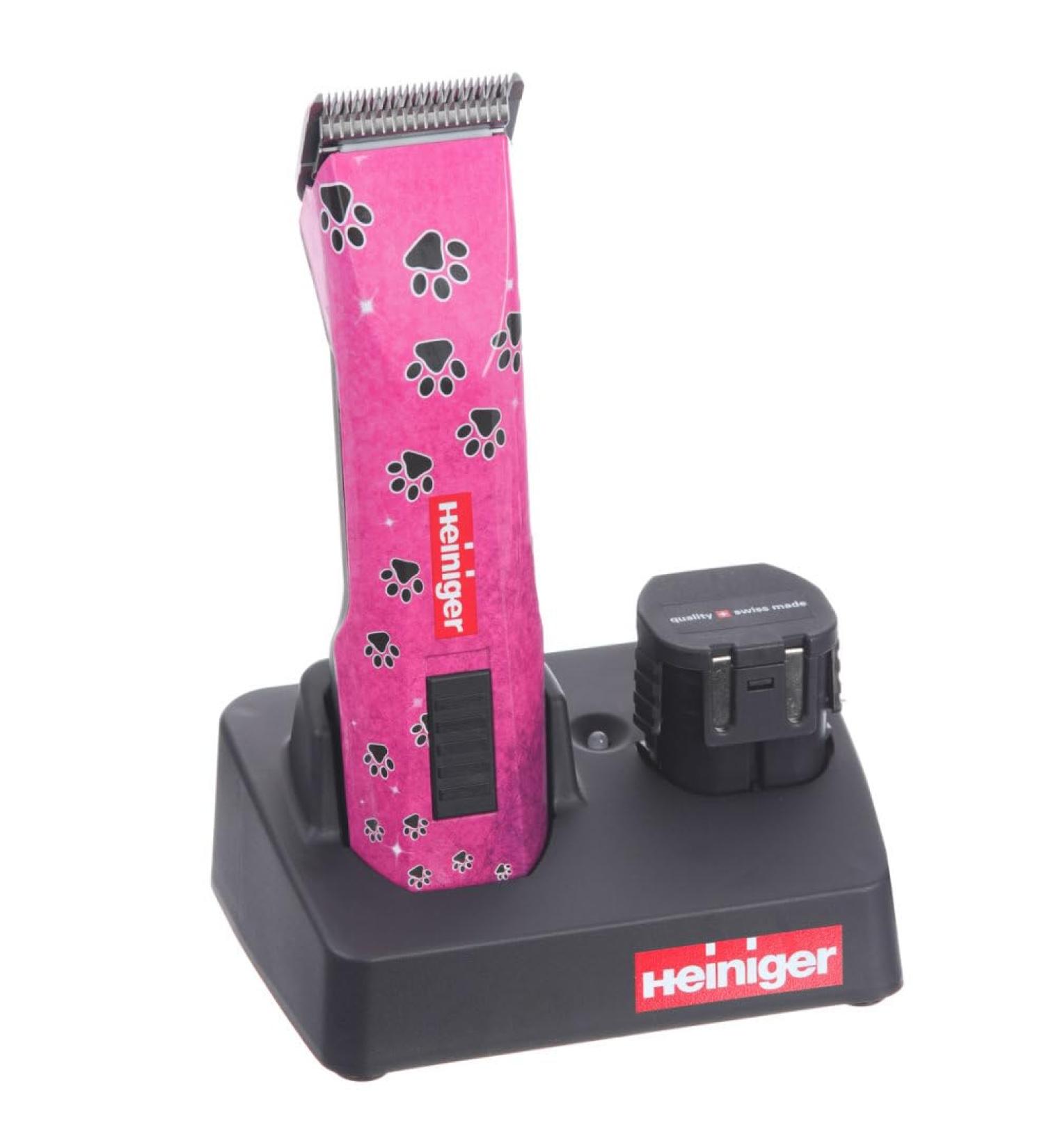 Heiniger Saphir Pink battery operated clippers. Comes with 1 battery 1#10 Heiniger blade 1 clipper 1 charging dock 1 clipper brush and 1 clipper oil (Saphir Pink (pawprints)) - Buy Online on GoSupps.com