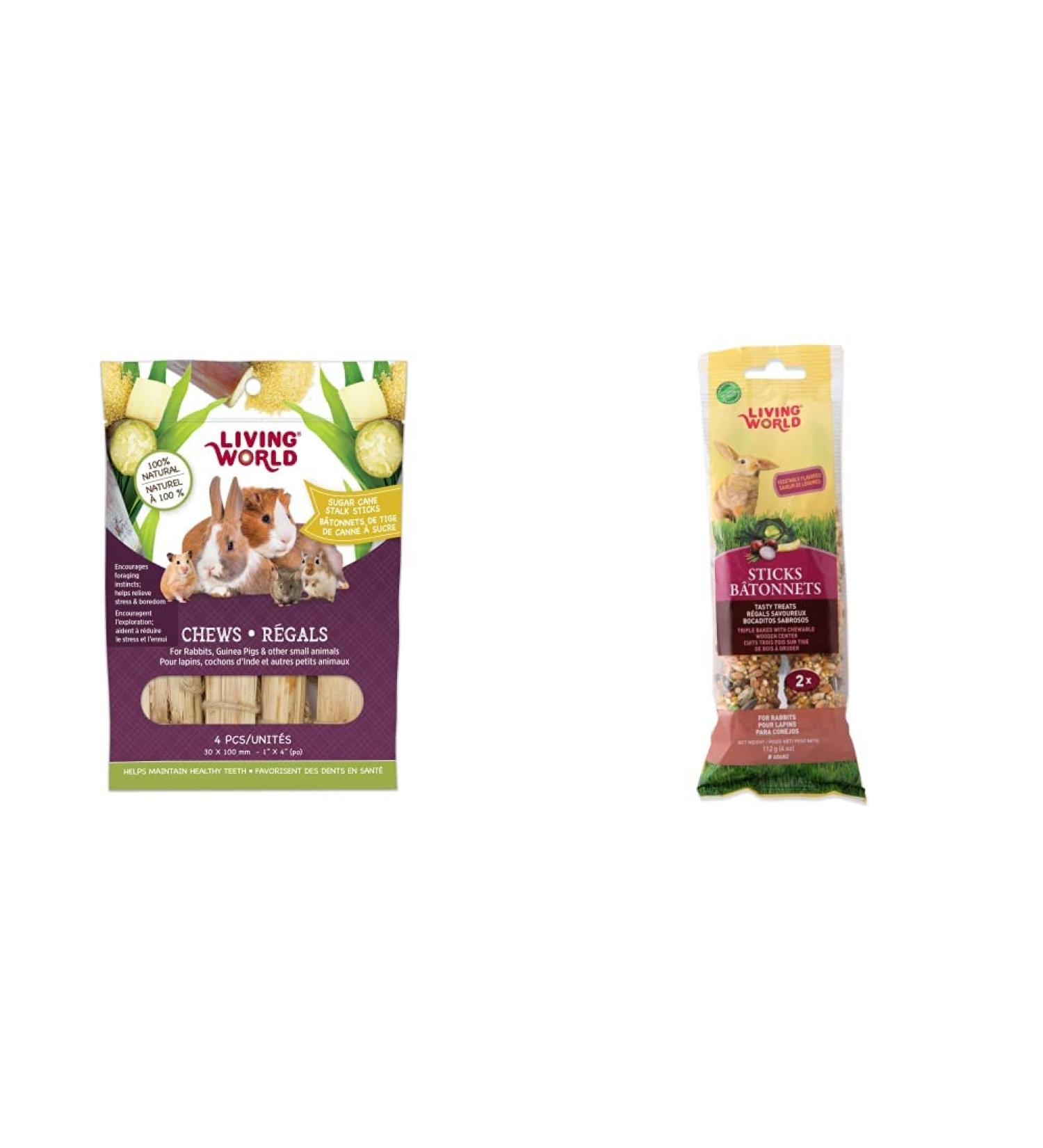 Living World Small Animal Chews - Sugarcane Stalk Sticks (4 Pieces) + Living World Rabbit Veggie Treat Sticks (4-Ounce)