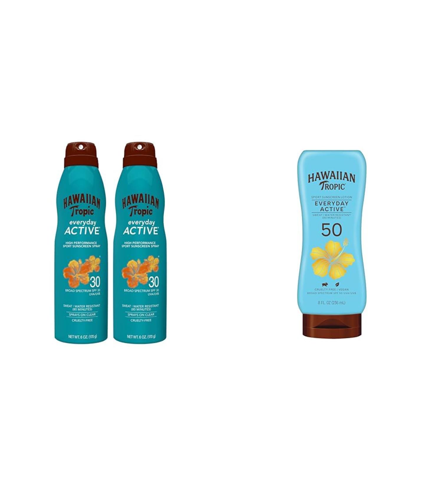 Hawaiian Tropic Everyday Active Sunscreen SPF 30 Twin Pack and SPF 50 Lotion | Sunscreen Bundle with 6oz Spray and 8oz Lotion - Buy Online on GoSupps.com