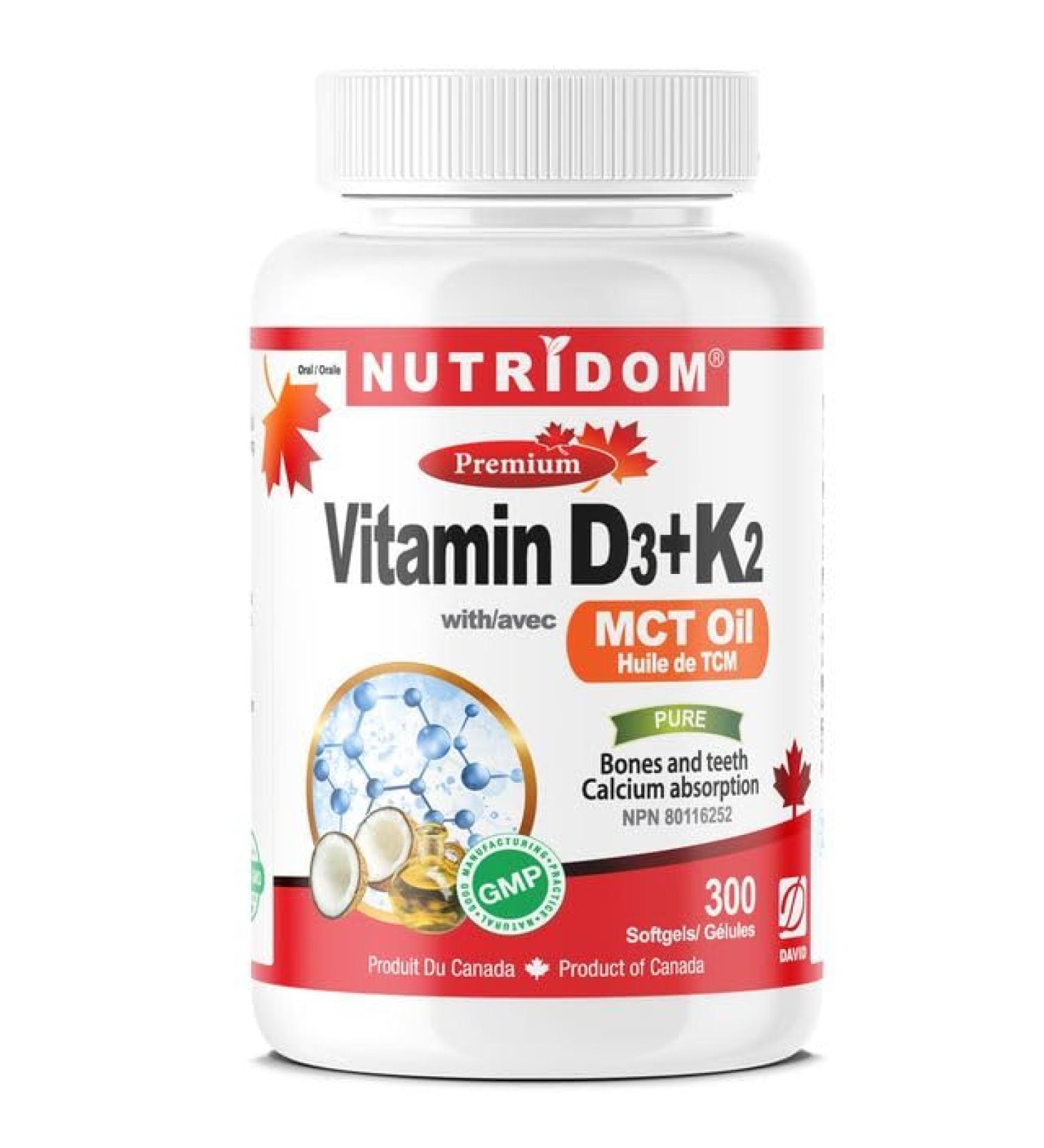Nutridom Vitamin D3 1 000 IU + K2 MK-7 120 mcg with MCT Oil Cholecalciferol D3 + Natto-Derived Menaquinone-7 Non-GMO Free of Gluten Soy & Dairy (300 count) - Buy Online on GoSupps.com