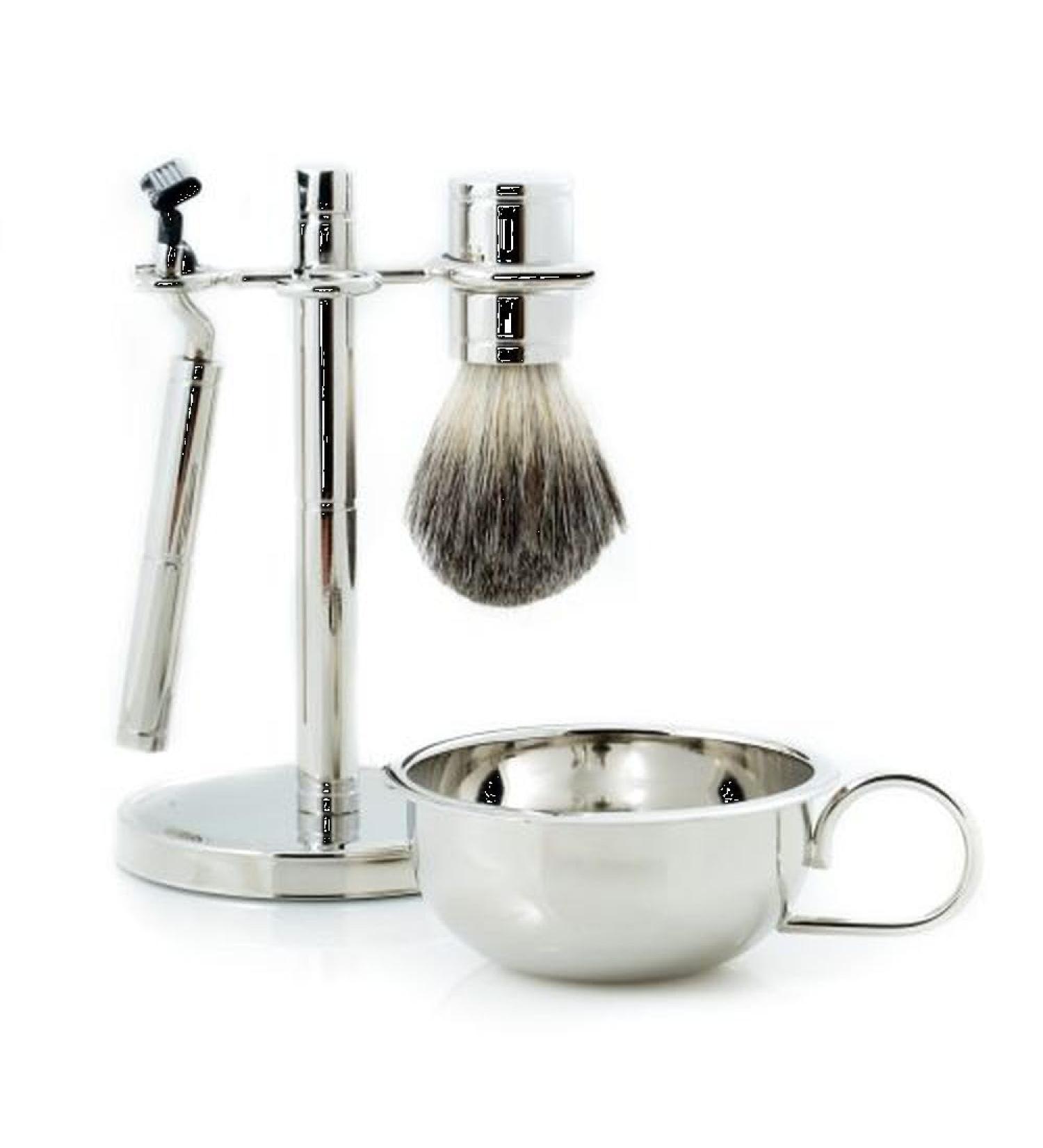 Four Piece Shaving Set with Badger Brush Stand and Removable Bowl