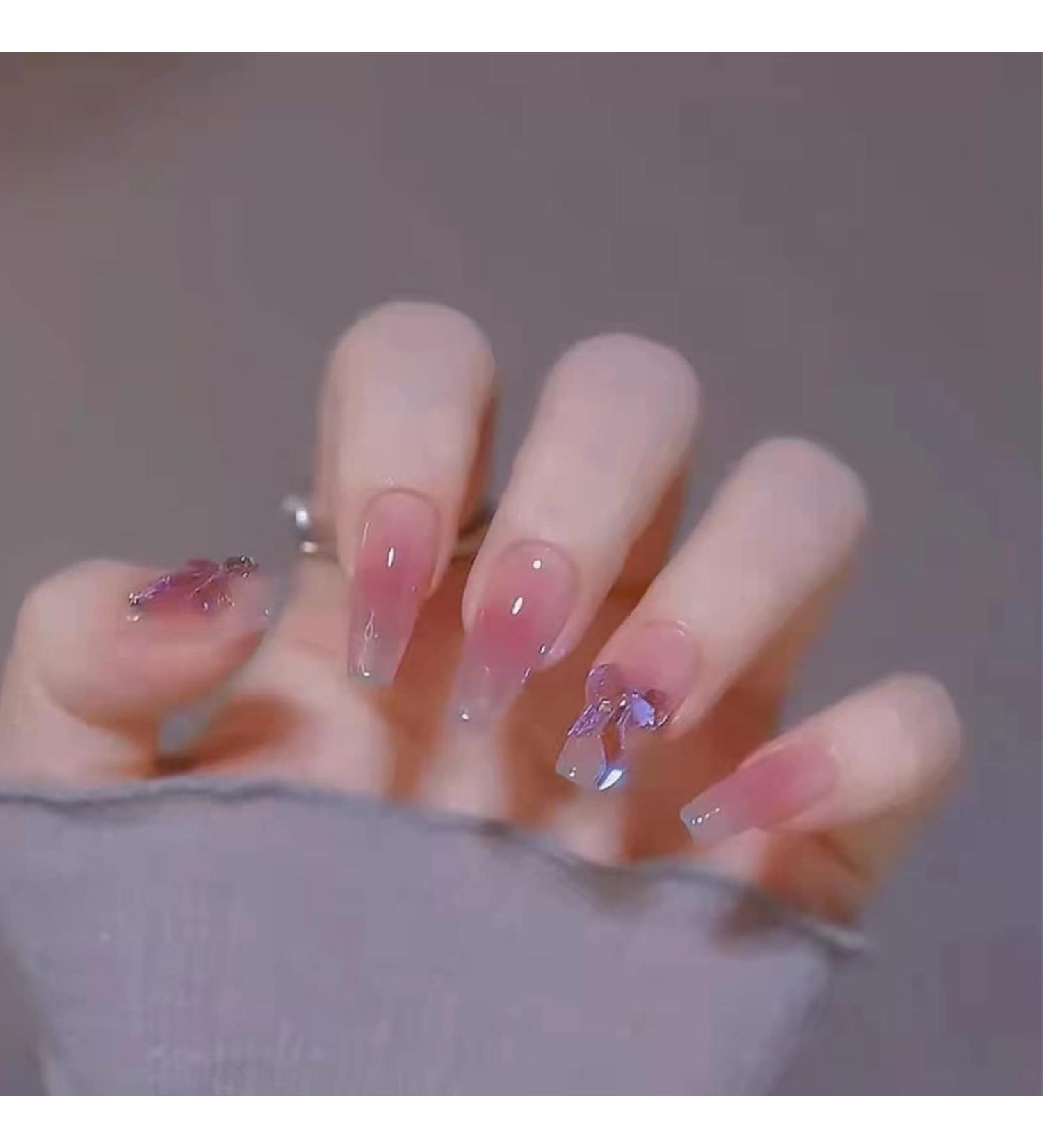 24 Pcs Long Blush Crystal Bow Press on Nails - False Tips Manicure for Women and Girls - Buy Online on GoSupps.com