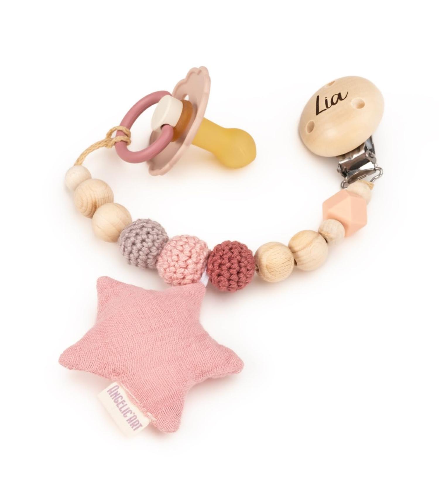 Personalized AngelicArt Nuckel Chain for Boys & Girls | Custom Engraved Baby Gift | Holz & Musselin Fabric Altrosa Star - Buy Online on GoSupps.com