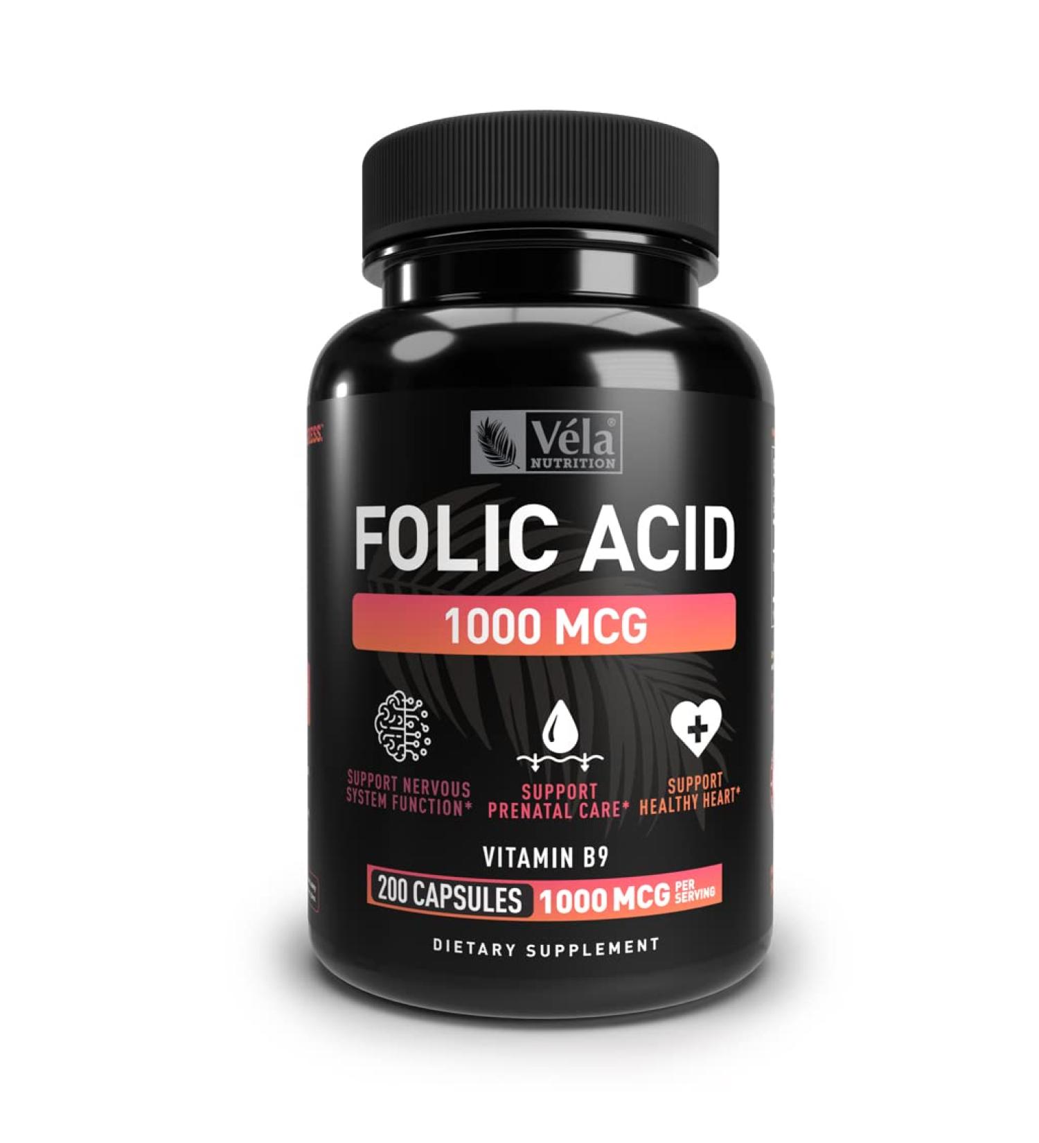 V la Folic Acid Supplement | 1000mcg Per Serving | 200 Capsules | Heart Health & Prenatal Support | Non-GMO | 3rd Party Tested - Buy Online on GoSupps.com