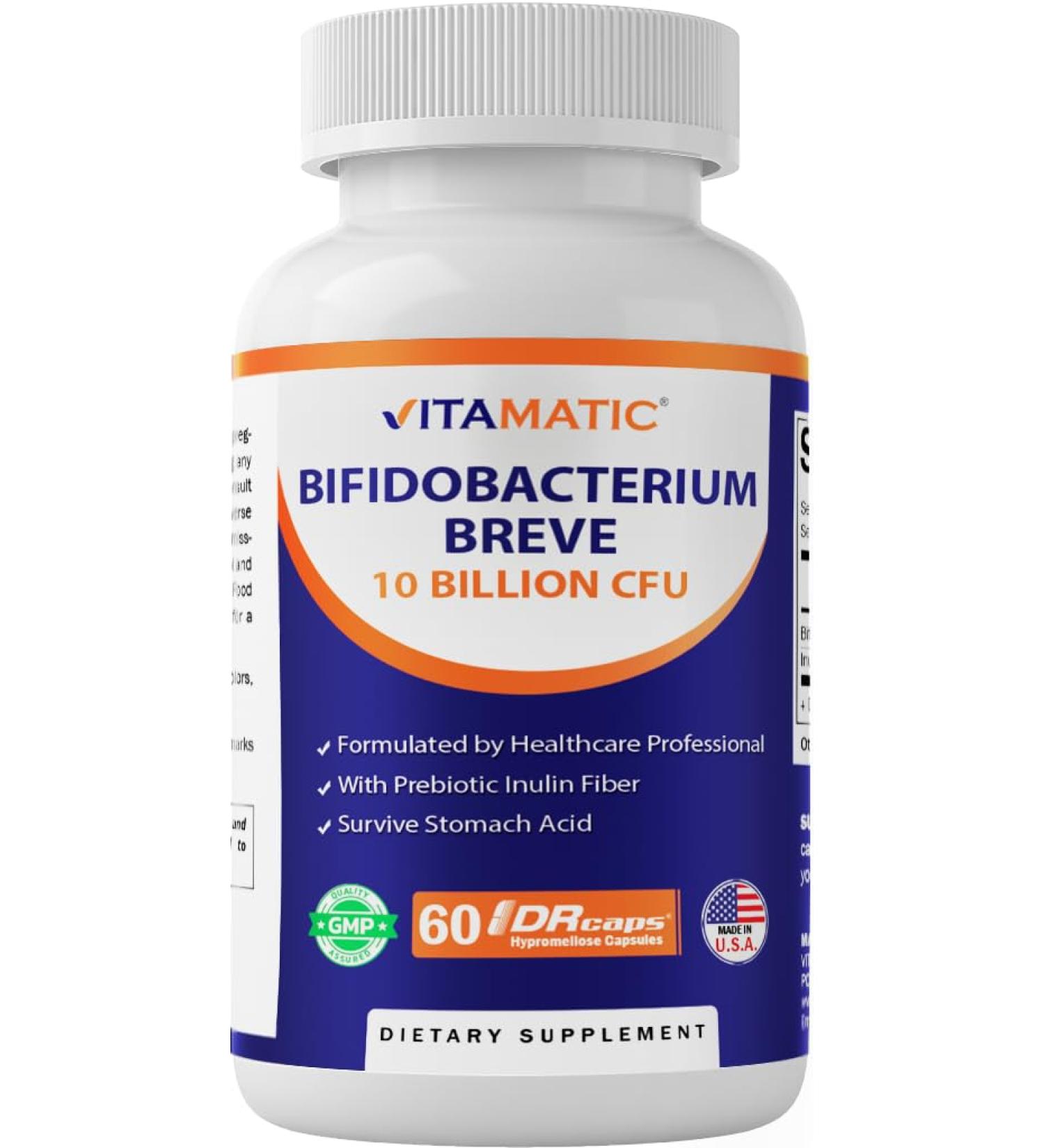 Vitamatic Bifidobacterium Breve - 10B per DR Capsule - 60 Count - Digestive Support - Made with Prebiotic Inulin Fiber - Buy Online on GoSupps.com