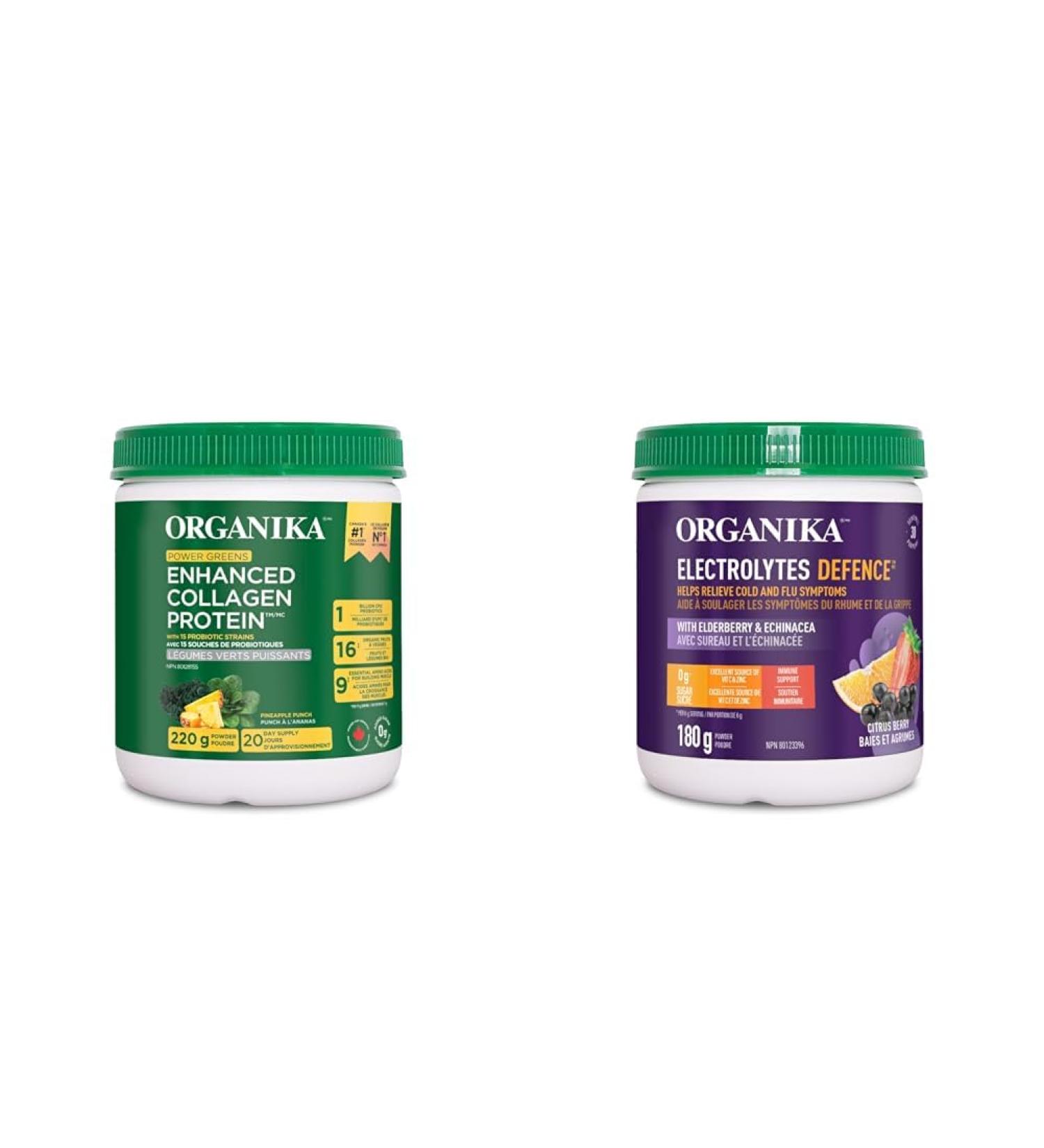 Organika Enhanced Collagen Protein Power Greens - with 16 organic fruits and vegetables & Electrolytes Defence with Elderberry and Echinacea- Citrus Berry - Immune System Support - Buy Online on GoSupps.com