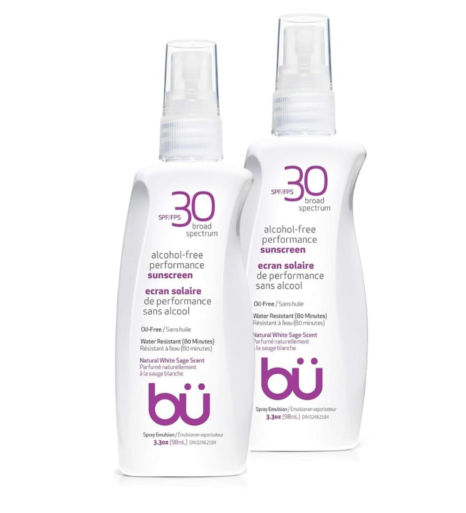 BU SPF 30 Sunscreen Spray for Face and Body Non Aerosol Spray Ultrafine WOWmist TSA Travel Size Sunscreen Clear Non Greasy Water Resistant White Sage 3.3 oz (2-Pack) - Buy Online on GoSupps.com