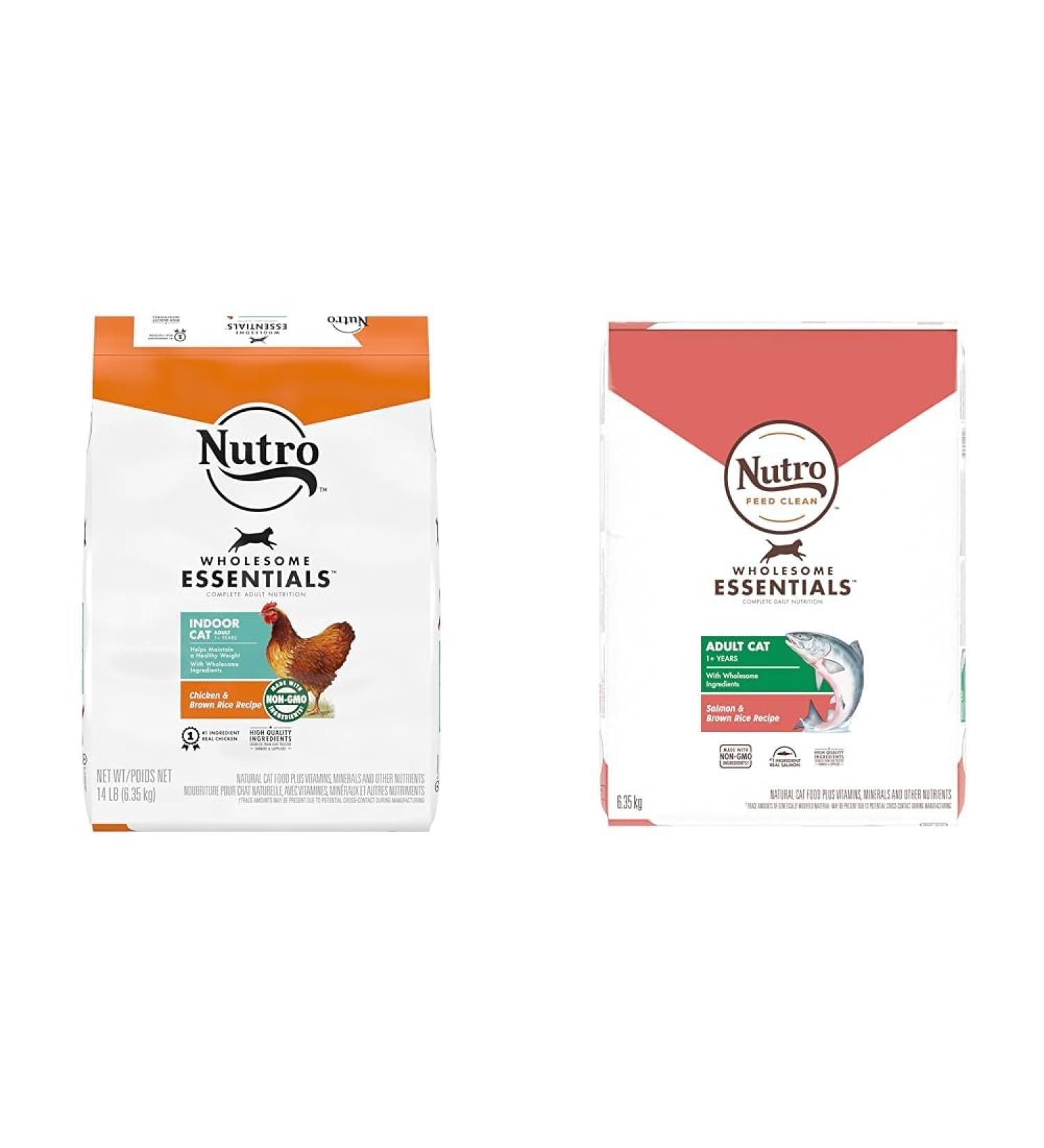 NUTRO WHOLESOME ESSENTIALS Indoor Adult Dry Cat Food Chicken & Brown Rice 6.35kg Bag & Wholesome Essentials Adult Dry Cat Food Salmon & Brown Rice Recipe 6.35 kg Bag - Buy Online on GoSupps.com