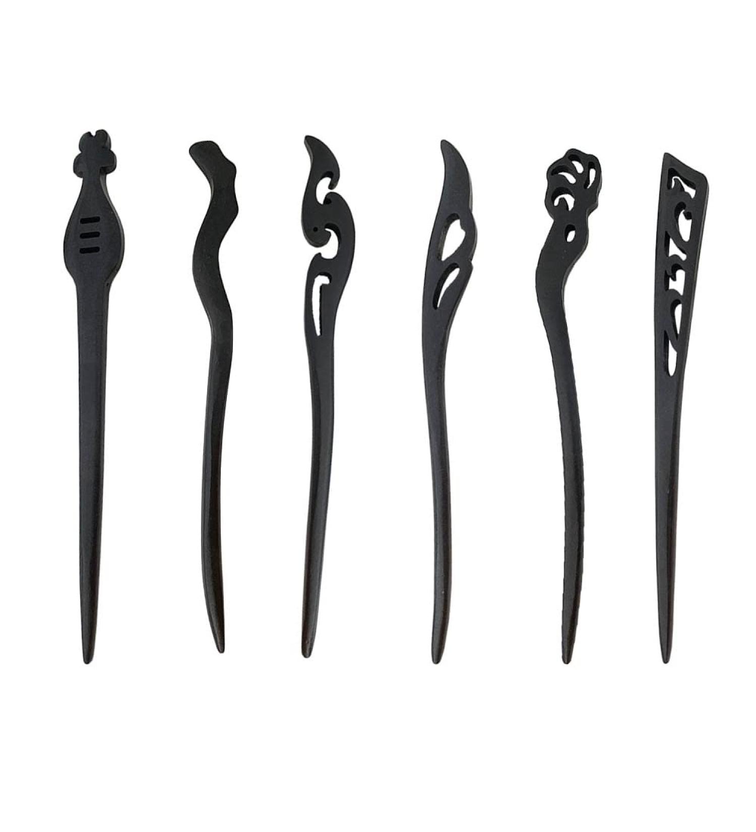 Vintage Chinese Hairpins Set - 6 Wooden Hair Clips & Sticks for Women and Girls - Elegant Black Hair Accessories - Buy Online on GoSupps.com