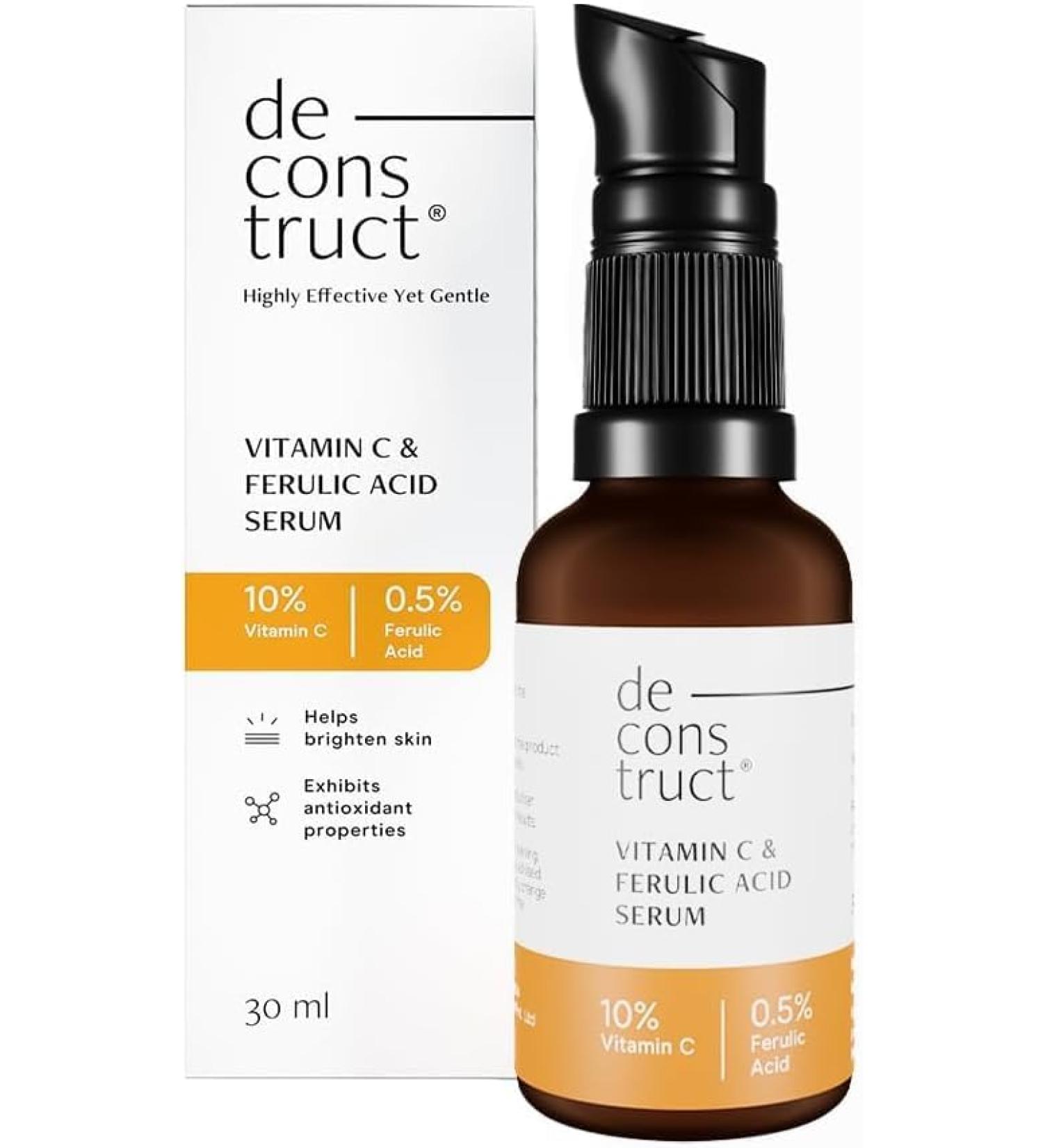Decon.struct 10% Non-Irritating Vitamin C Face Serum For Glowing Skin|10% Vitamin C + 0.5% Ferulic Acid|Water Based Serum|Highly Stable Vitamin C Face Serum For Women And Men|Beginner Friendly | 30 Ml - Buy Online on GoSupps.com