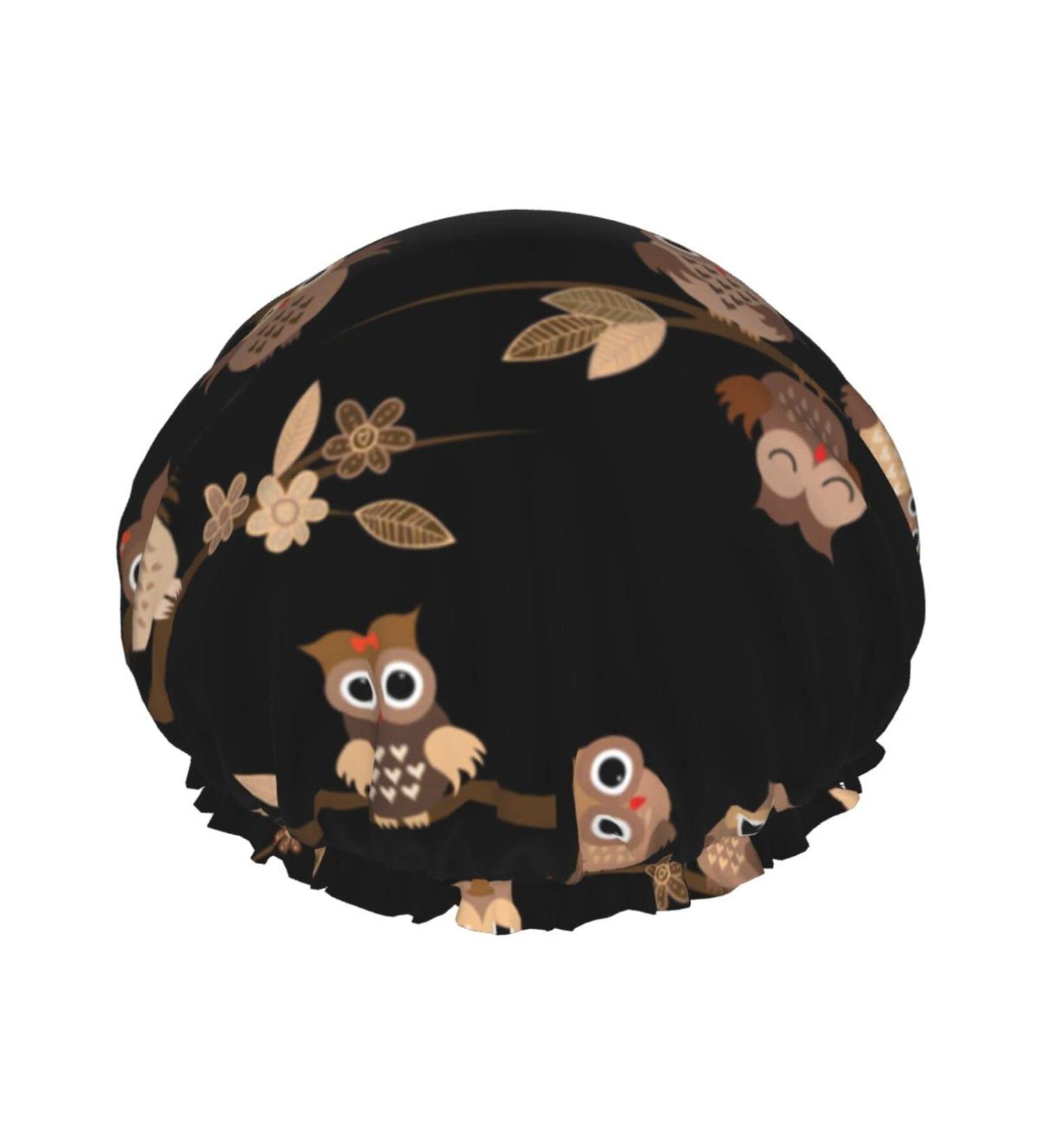 Cute Brown Cartoon Owls Reusable Shower Cap - Waterproof Hair Cap with Peva Lining & Double Protection Layers - Buy Online on GoSupps.com