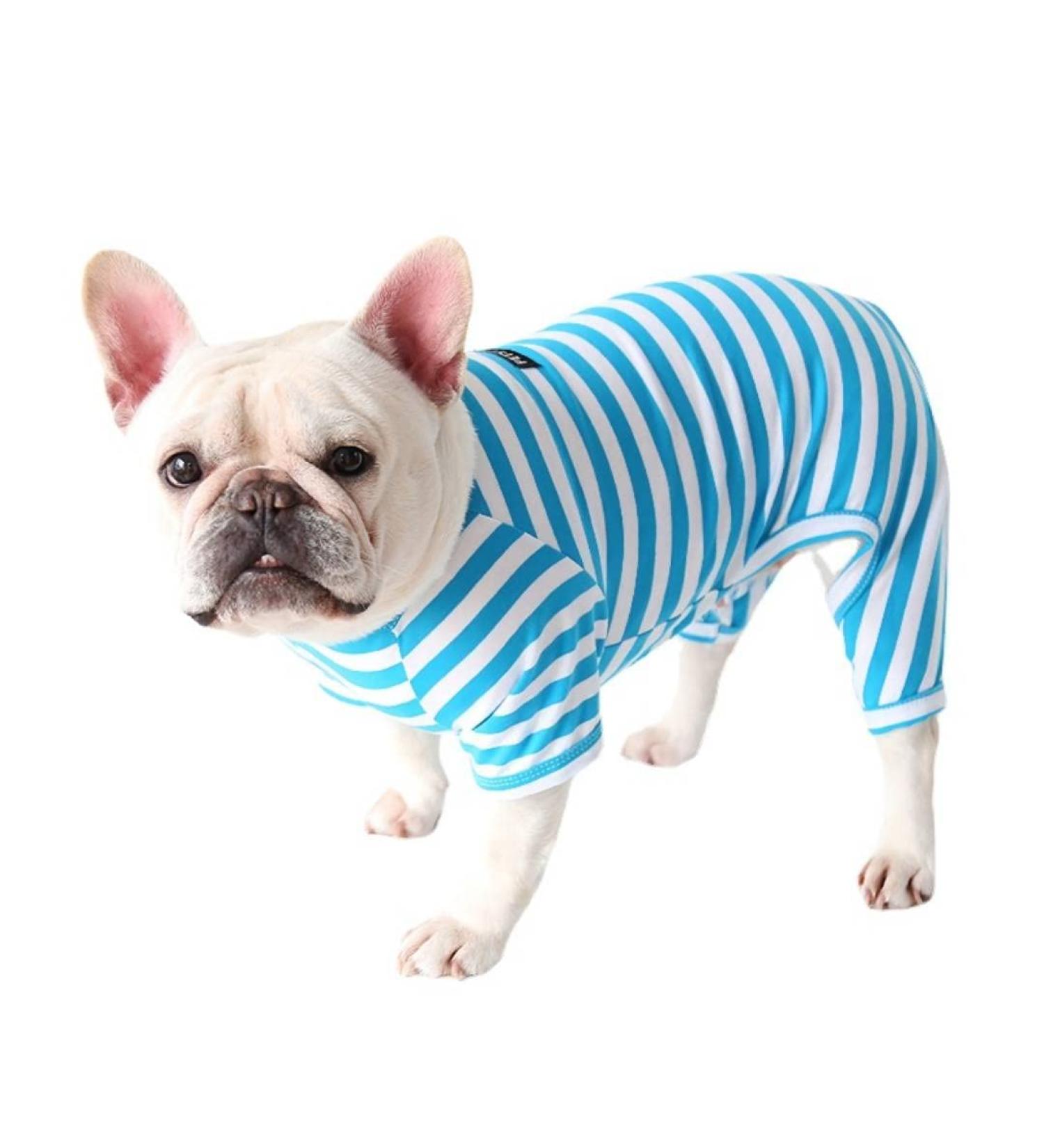 BT Bear Fat Dog Clothing | Classic Striped Pajamas for Pugs French Bulldogs & Small Dogs | Soft Cotton One-Piece Costume in Blue - Buy Online on GoSupps.com