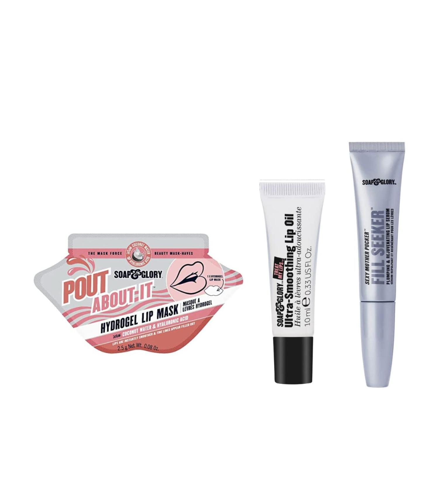 Soap & Glory Perfect Pout Trio: Hydrogel Lip Mask, Lip Plumper Serum, Lip Oil Set - Buy Online on GoSupps.com