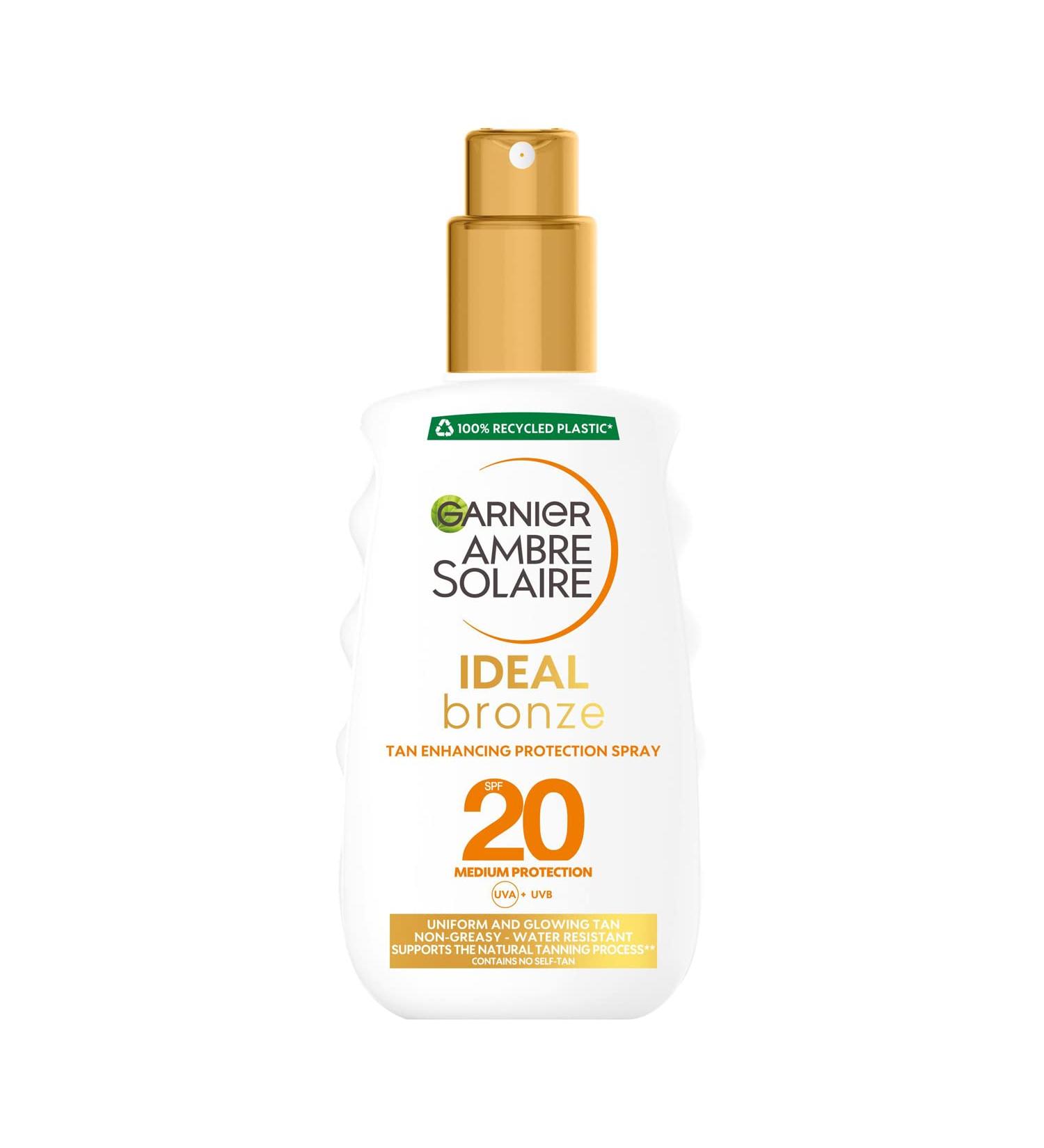 Garnier Ambre Solaire Ideal Bronze Protective Sun Cream Spray SPF20 High Sun Protection Factor 20 Uniform Glow & Tan Water Resistant & Non Greasy Sunscreen UVA & UVB Protection 200ml 200 ml (Pack of 1) Sun Protection Factor 20 - Buy Online on GoSupps.com