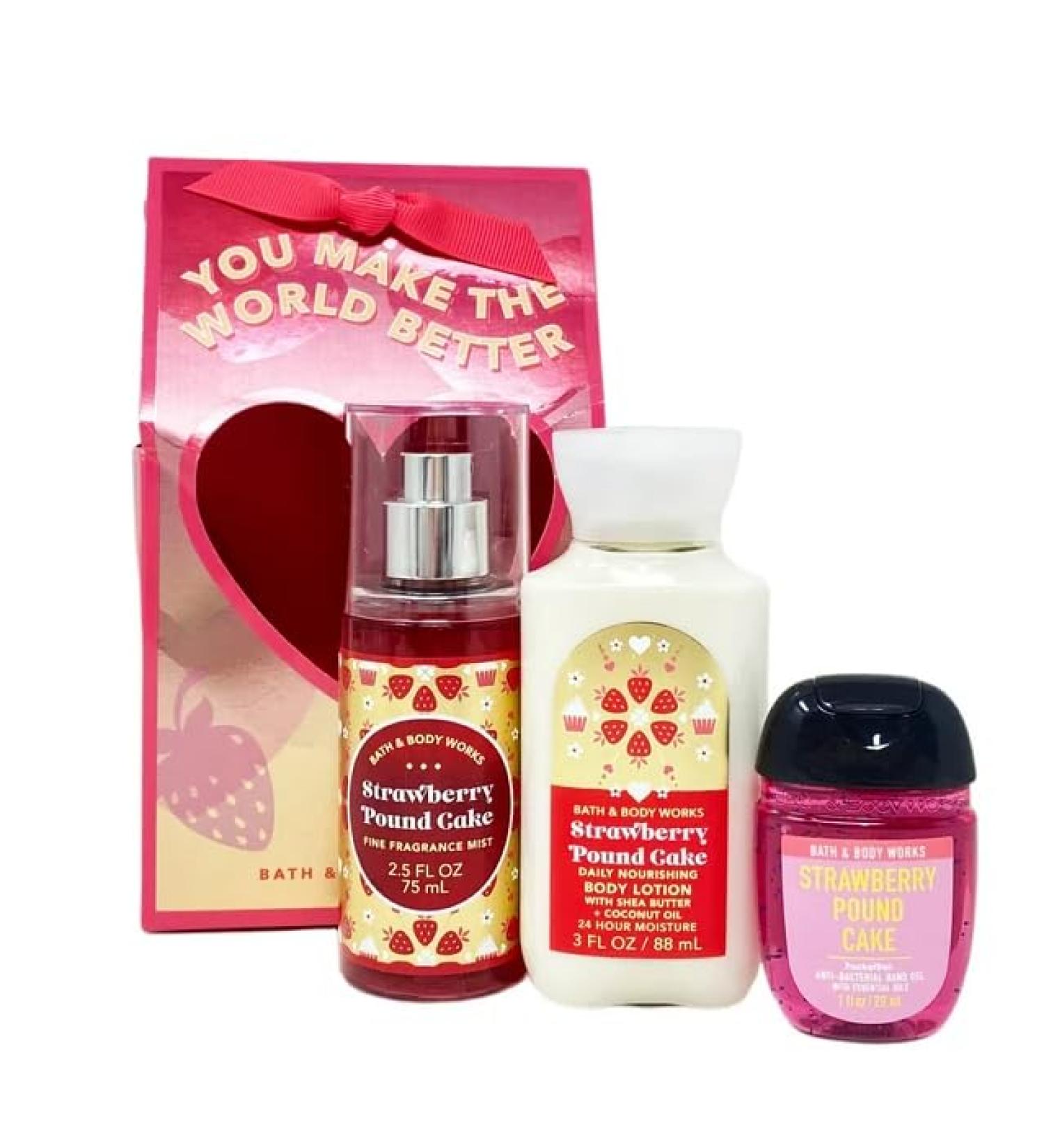 Bath & Body Works Strawberry Pound Cake You Make The World Better Travel Gift Bag Set - Fine Fragrance Mist - Daily Nourishing Body Lotion - Hand Gel - Travel Size